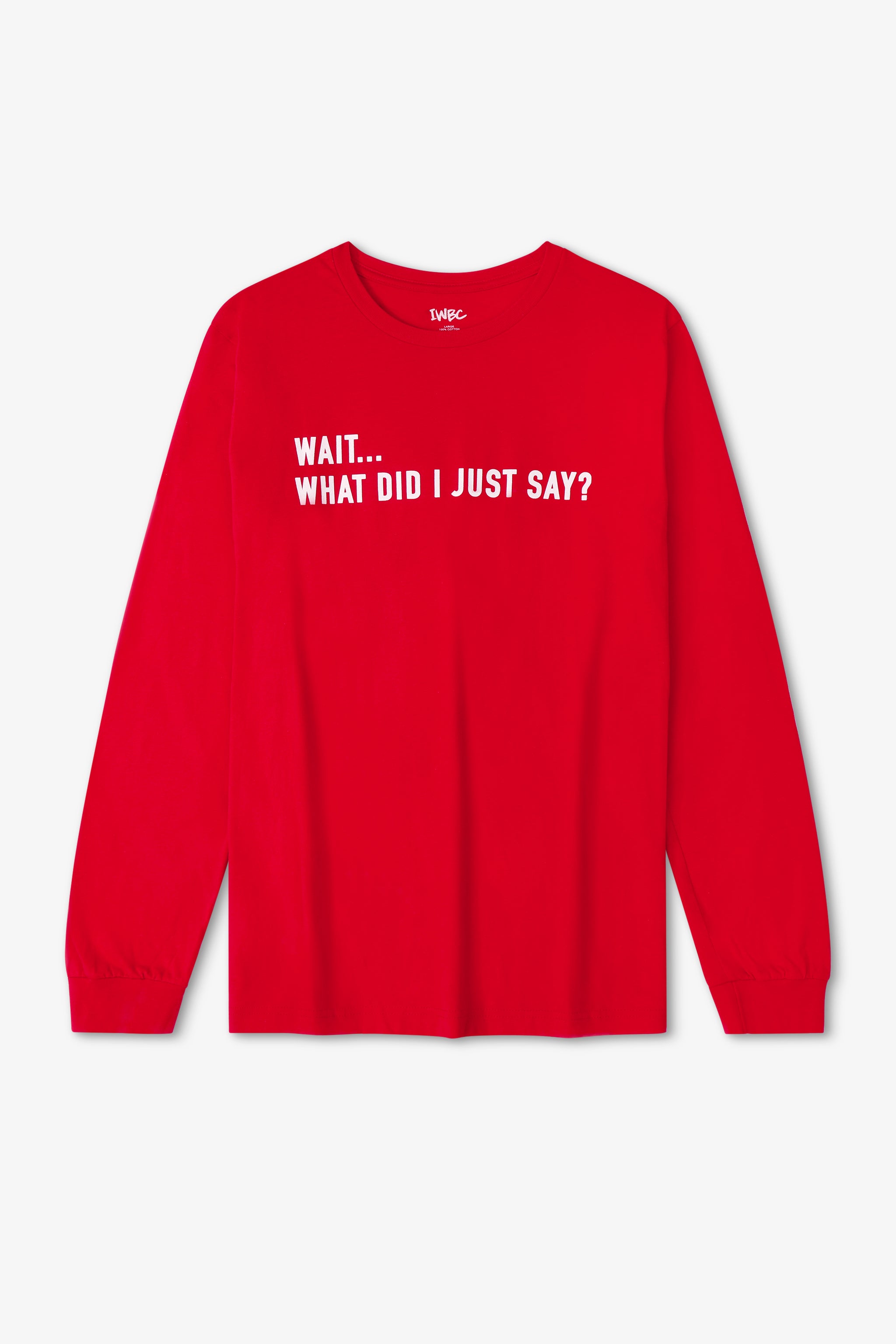 Red long-sleeve shirt with white text on a light gray background