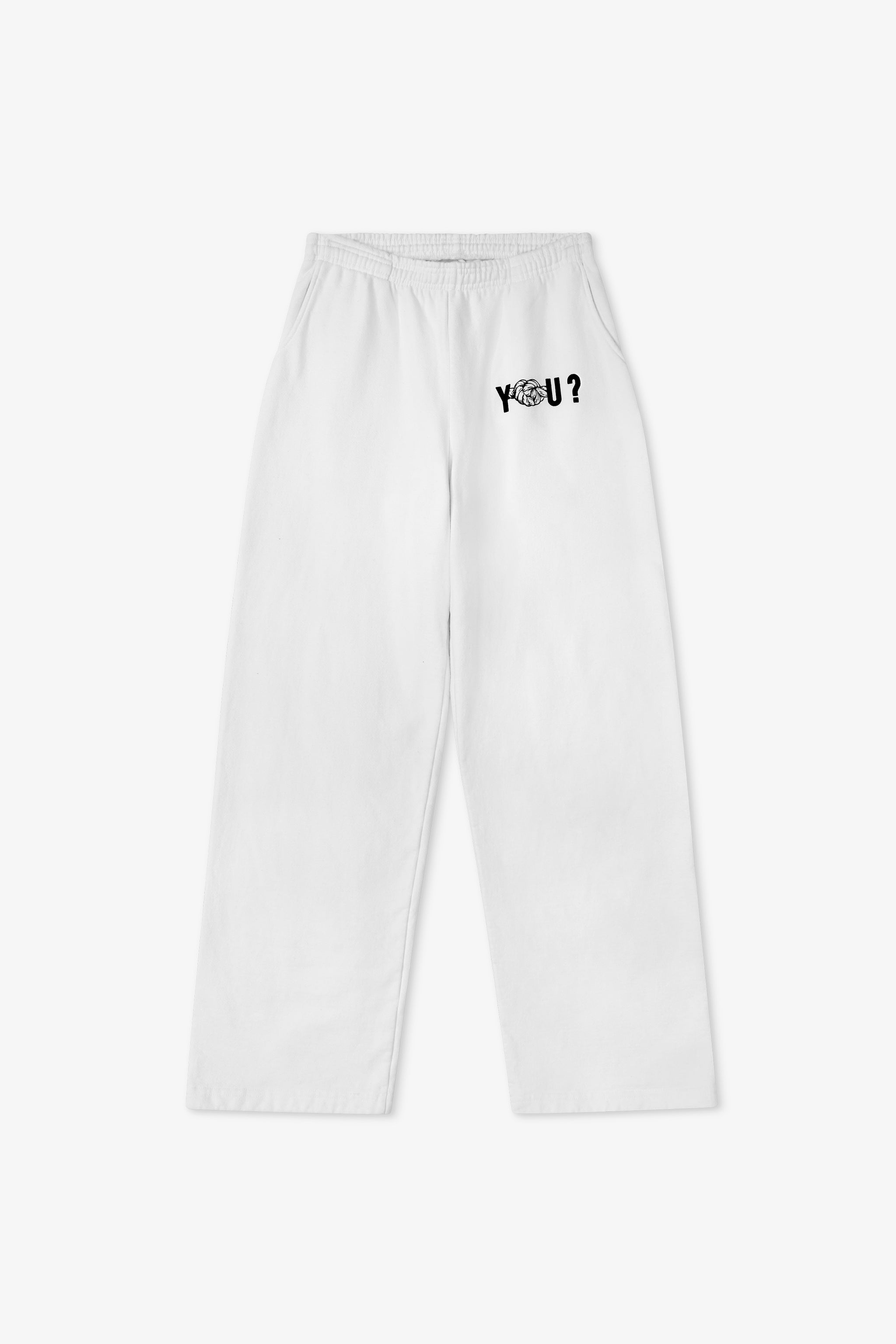 White sweatpants with text on a white background