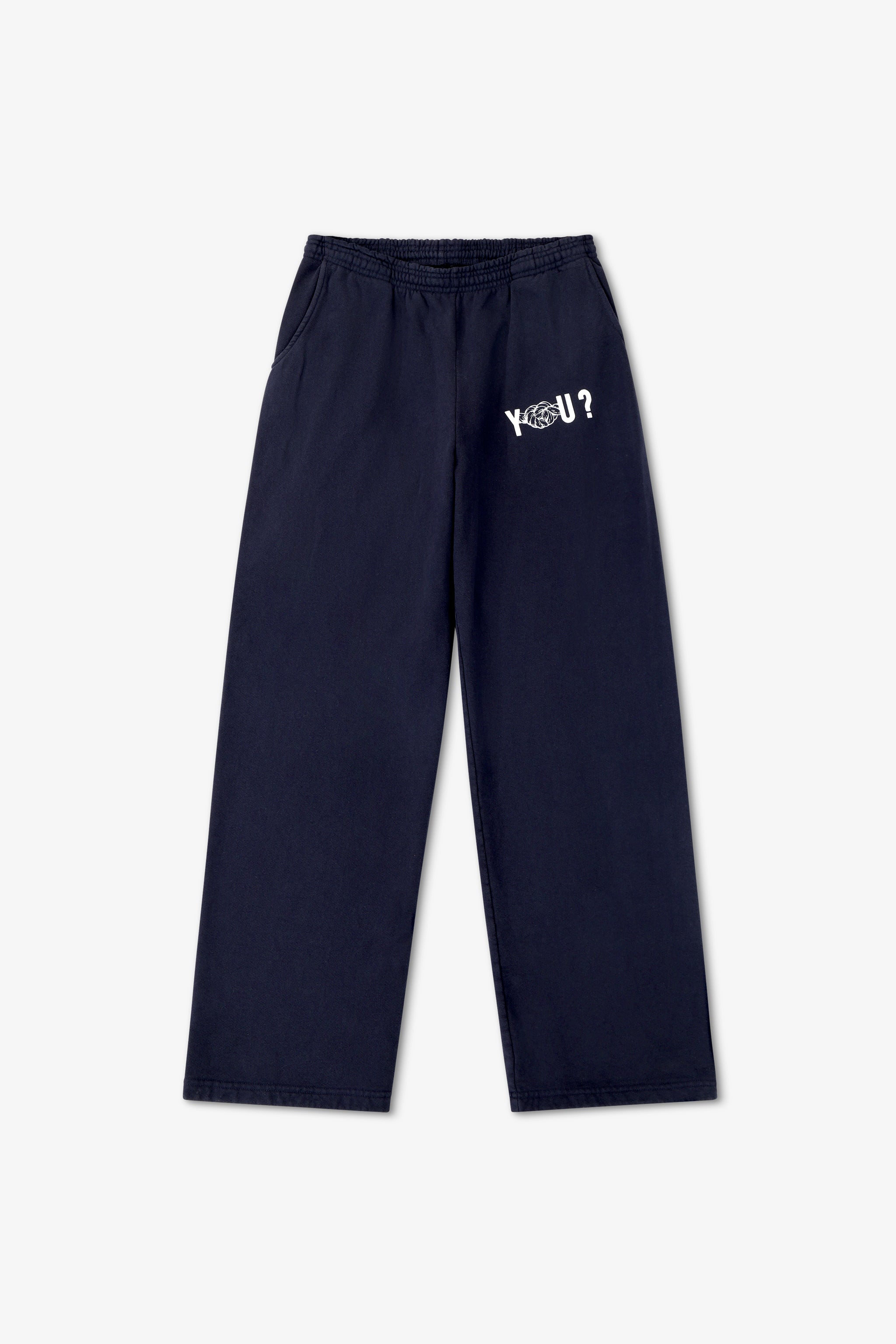 Navy blue pants with a white logo on a white background