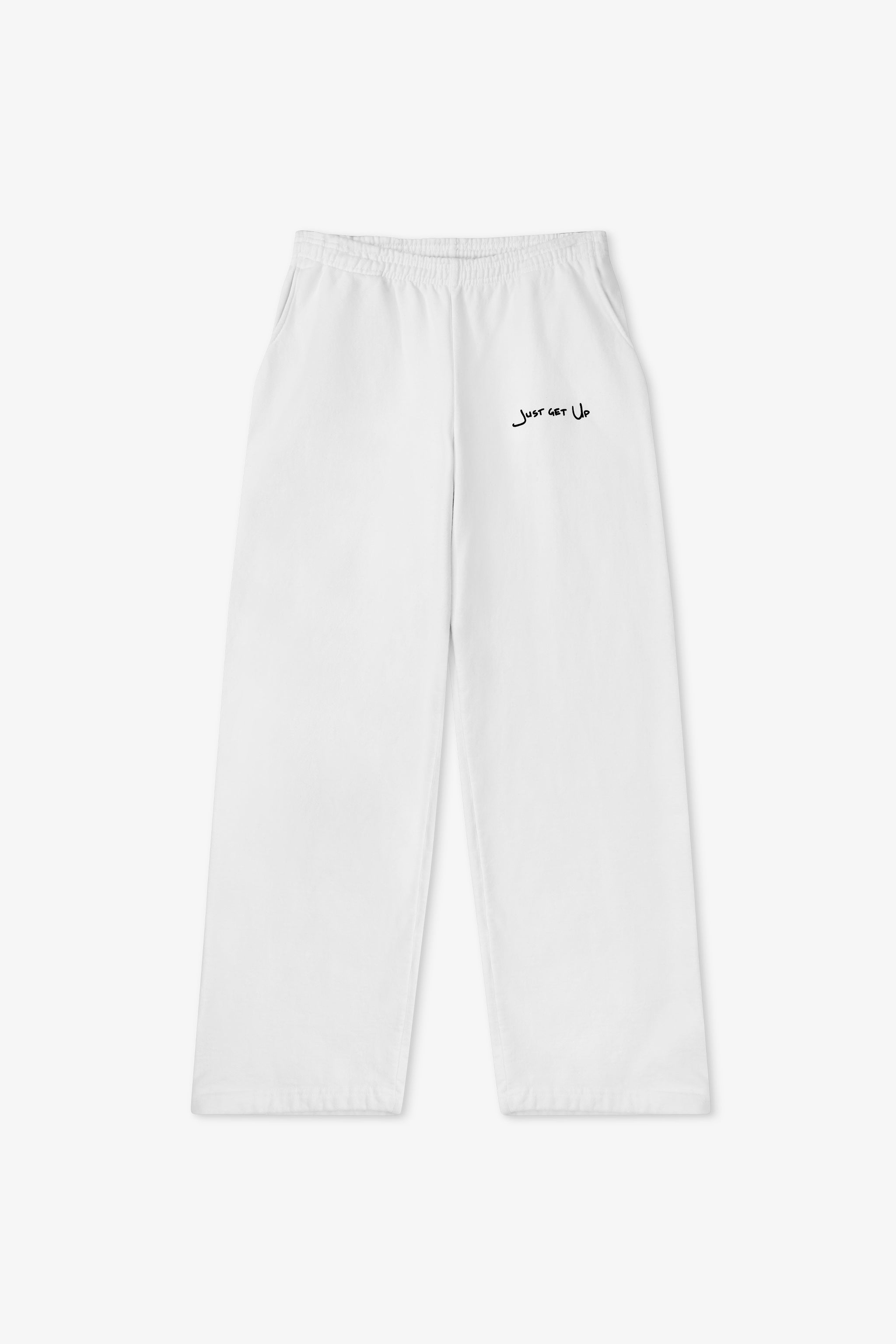 White pants with black text on a white background