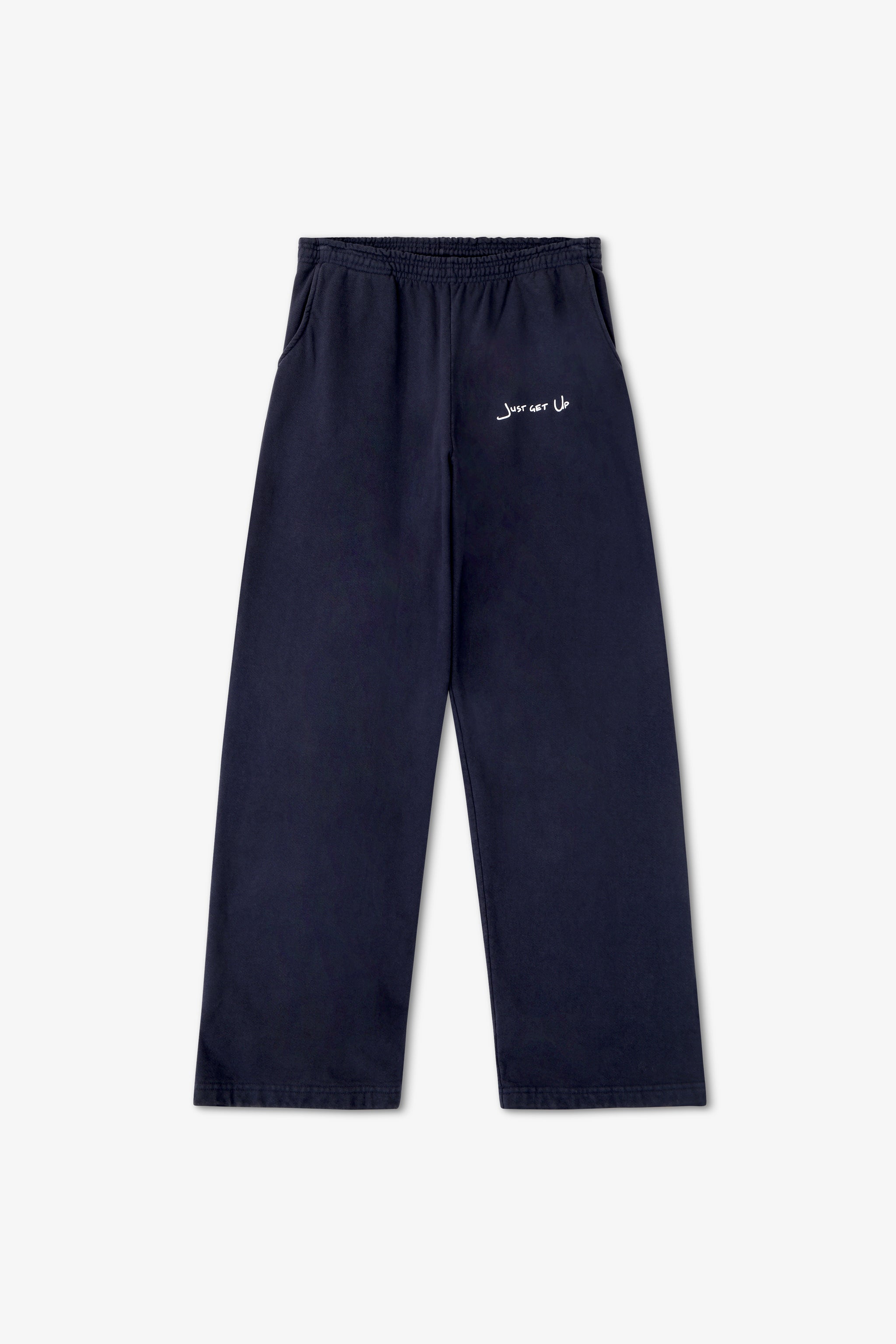 Navy blue pants with white text on a white background