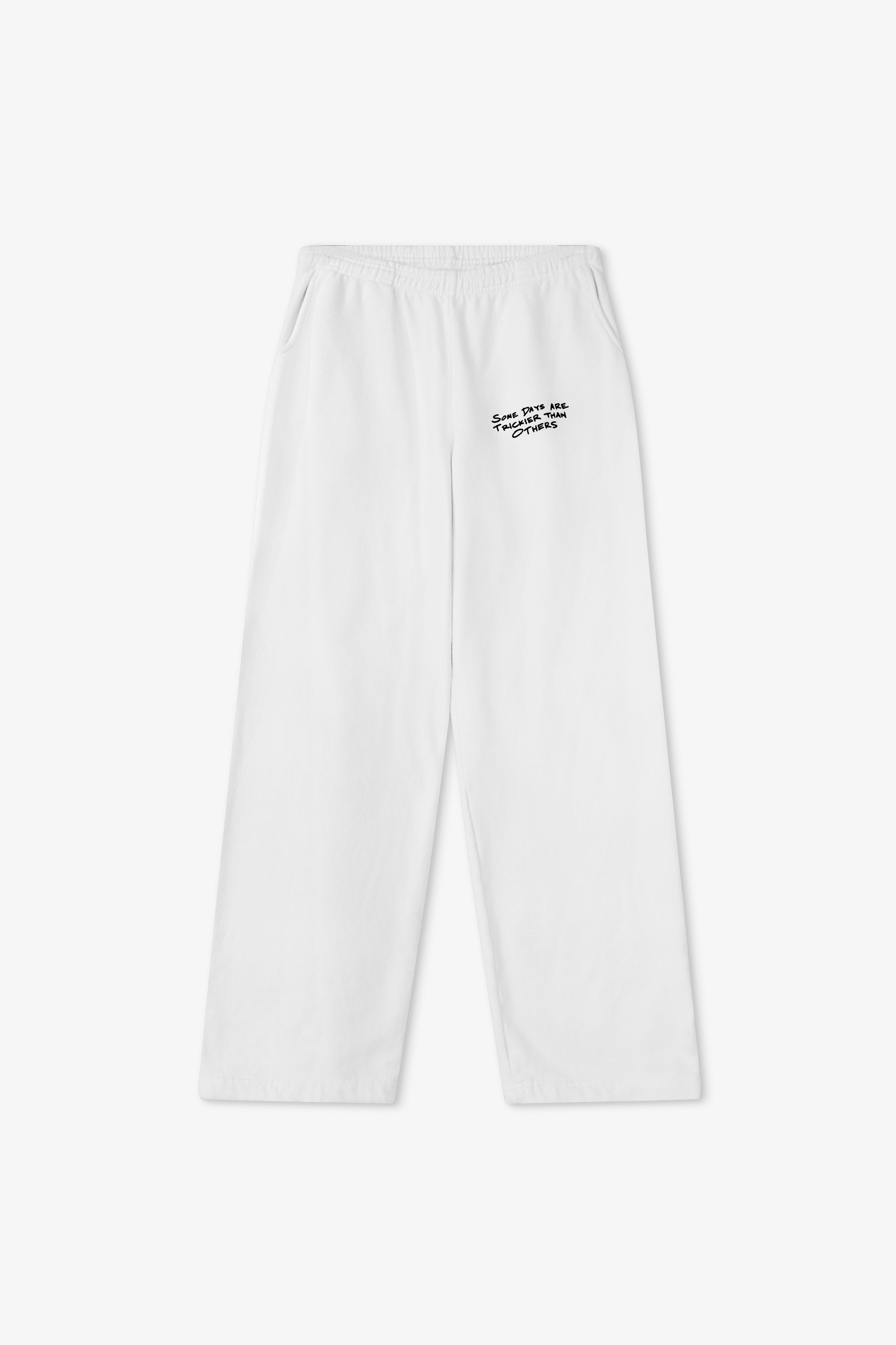 White sweatpants with text on a white background