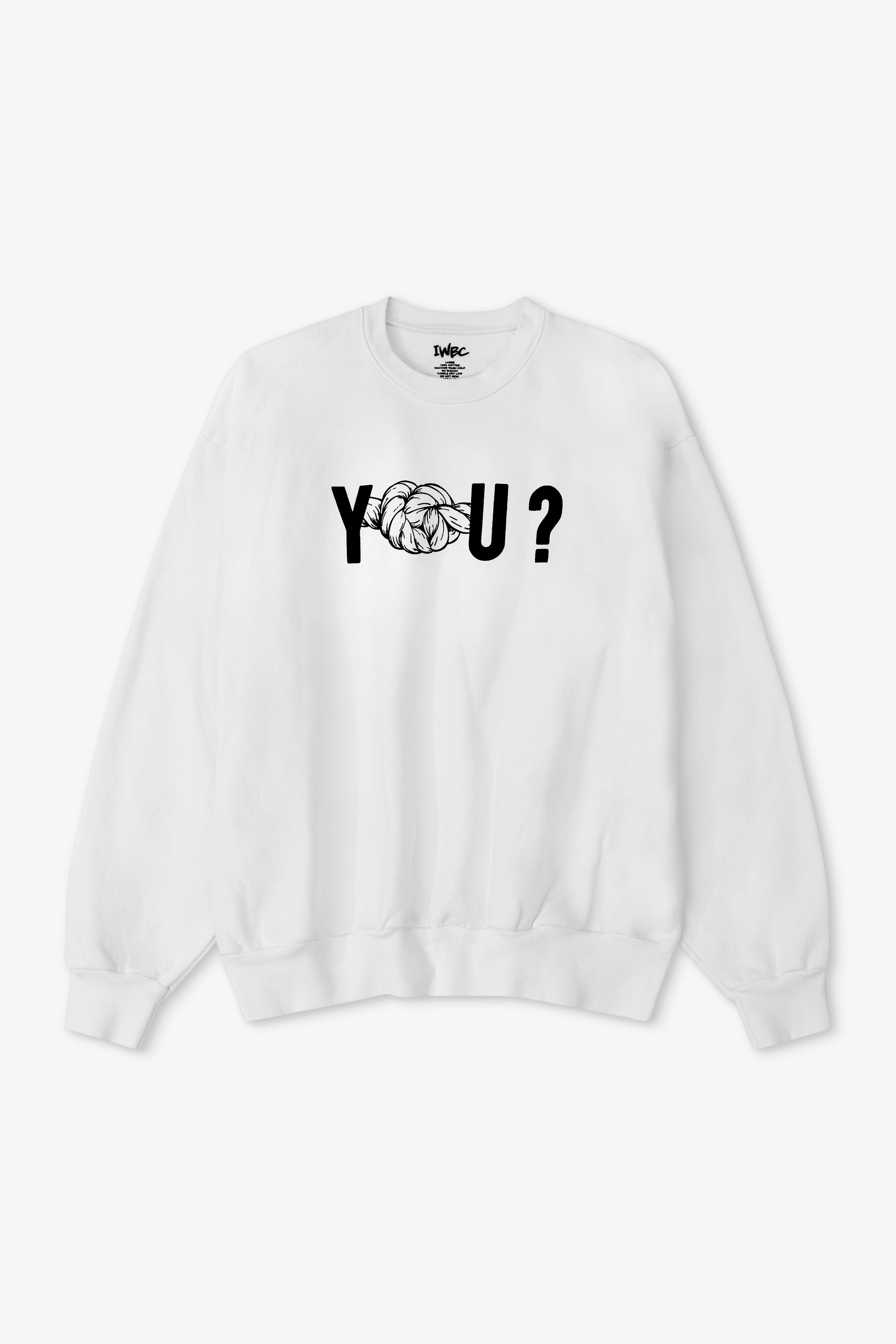 White sweatshirt with a graphic design on a white background