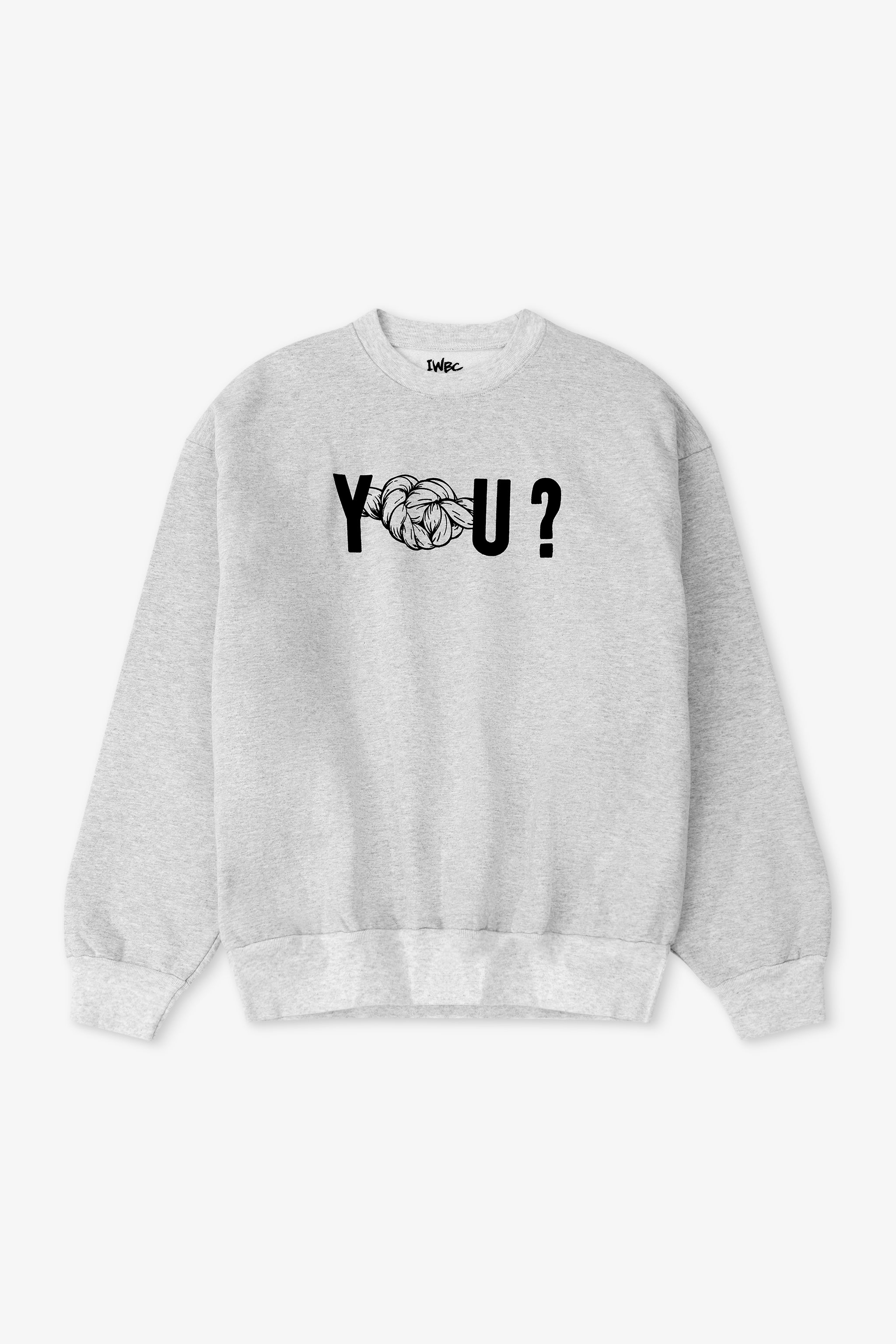 Gray sweatshirt with 'YOU?' graphic on a white background