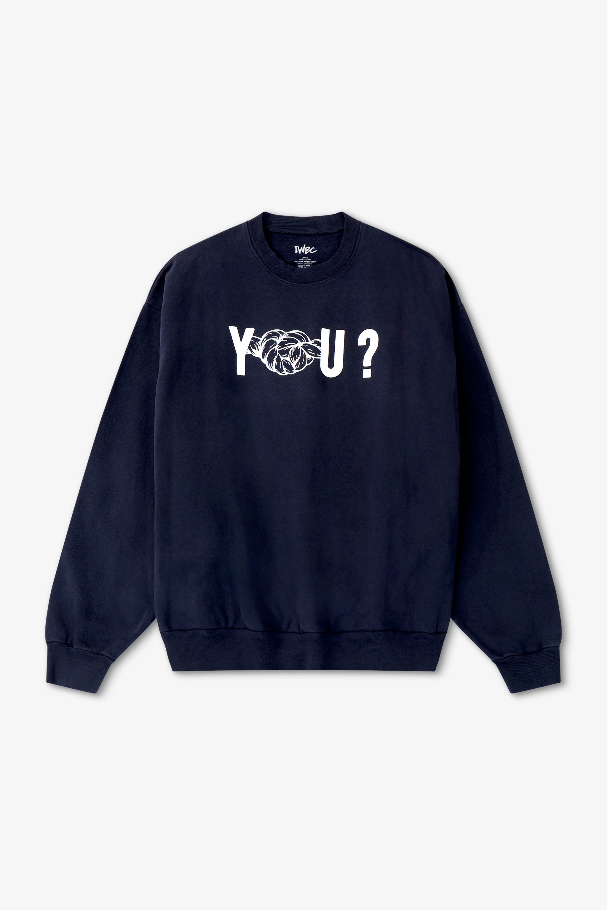 Navy blue sweatshirt with 'YOU?' text on a light gray background