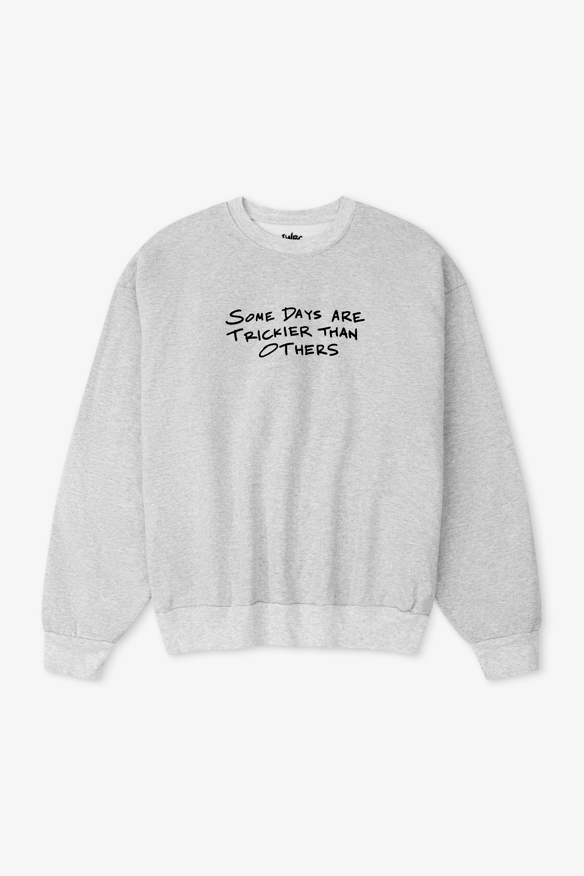 Gray sweatshirt with text on a white background