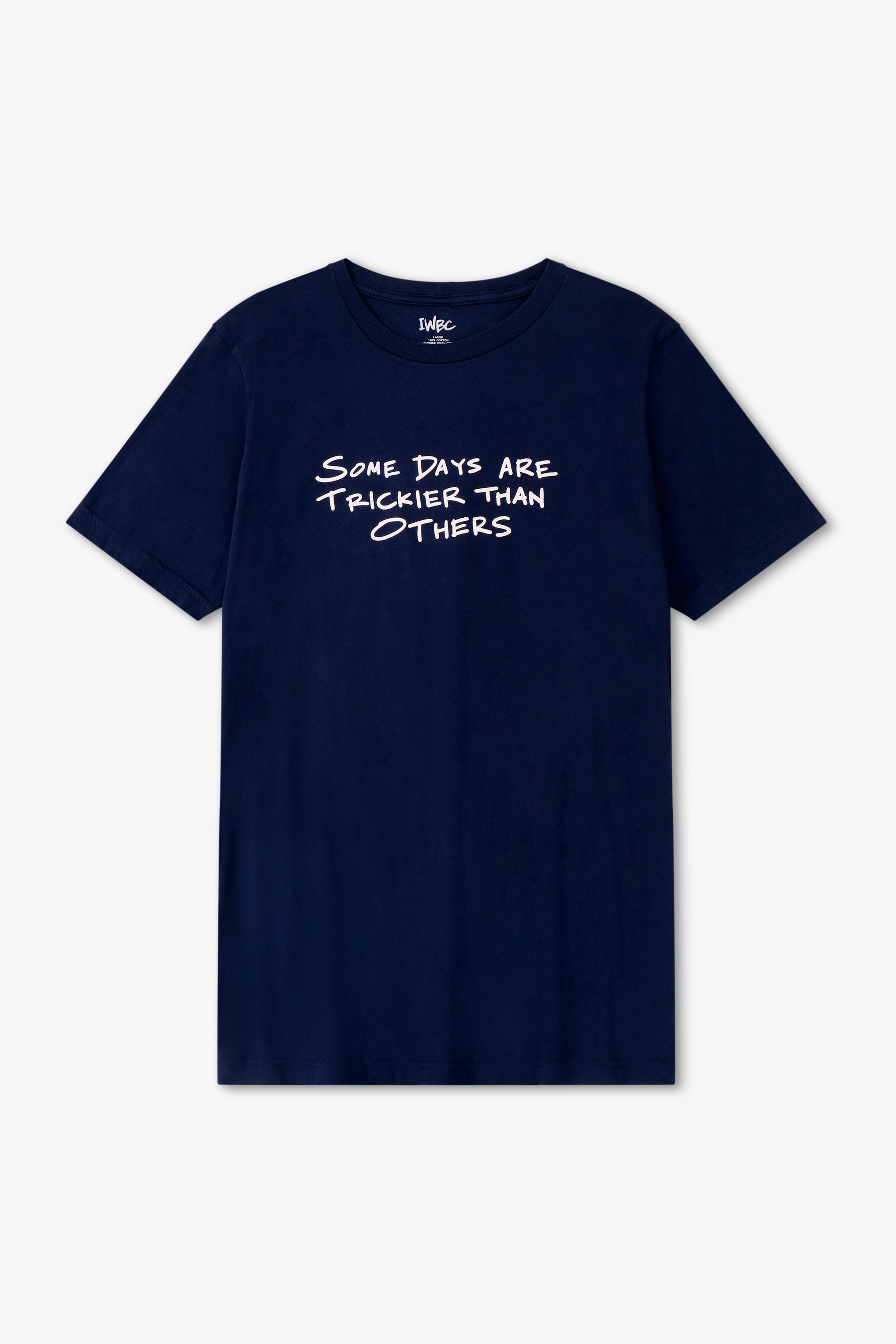 Navy blue t-shirt with white text on a light gray background