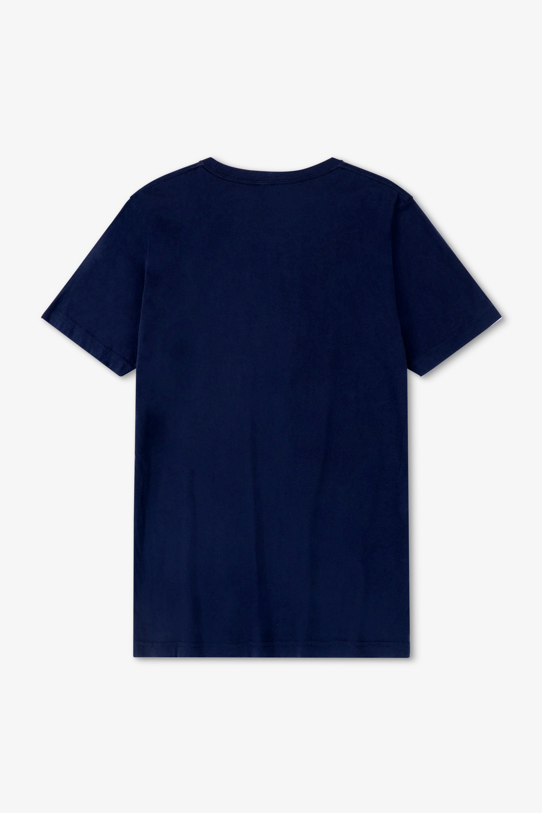 Navy blue t-shirt on a light gray background