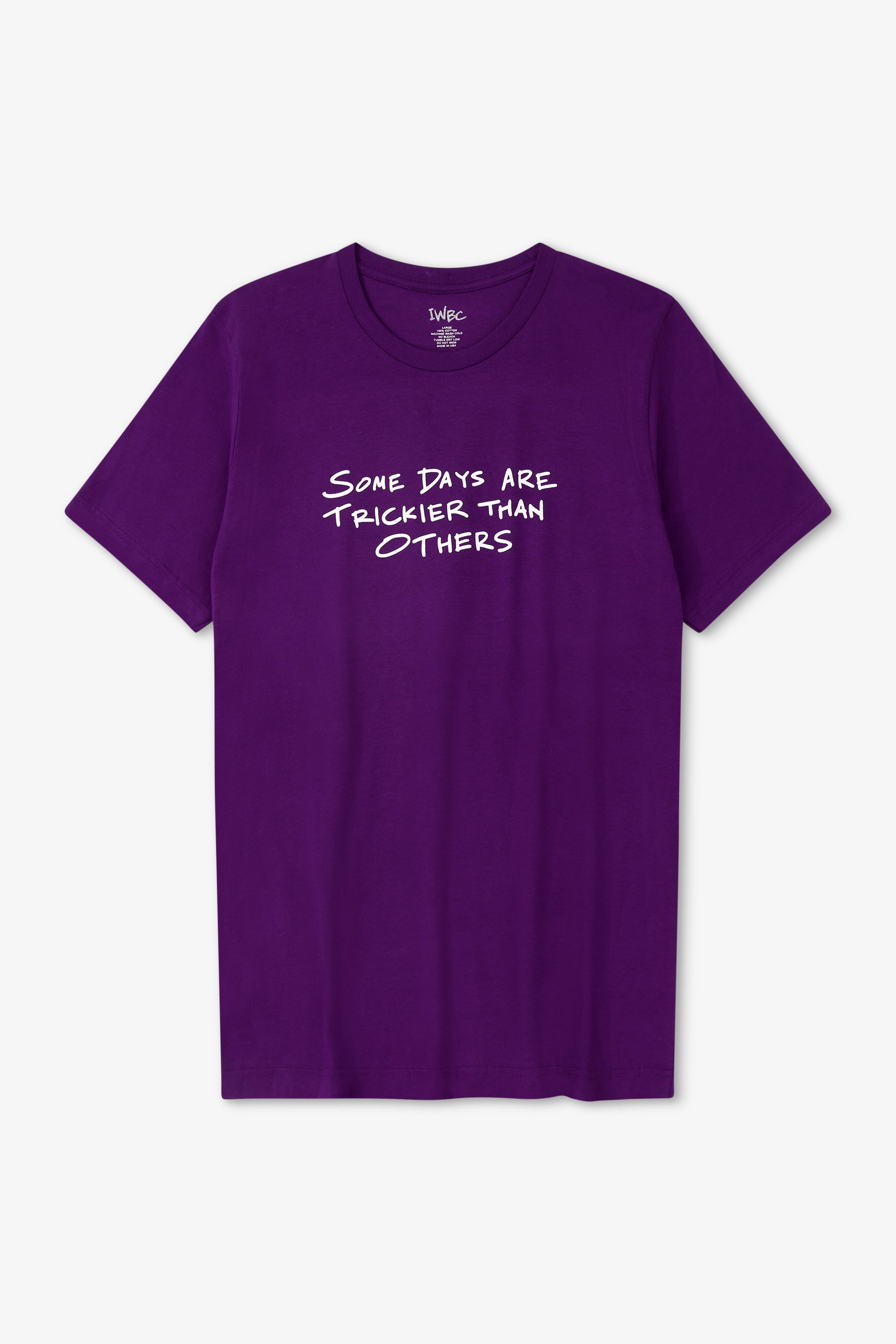 Purple t-shirt with white text on a light gray background
