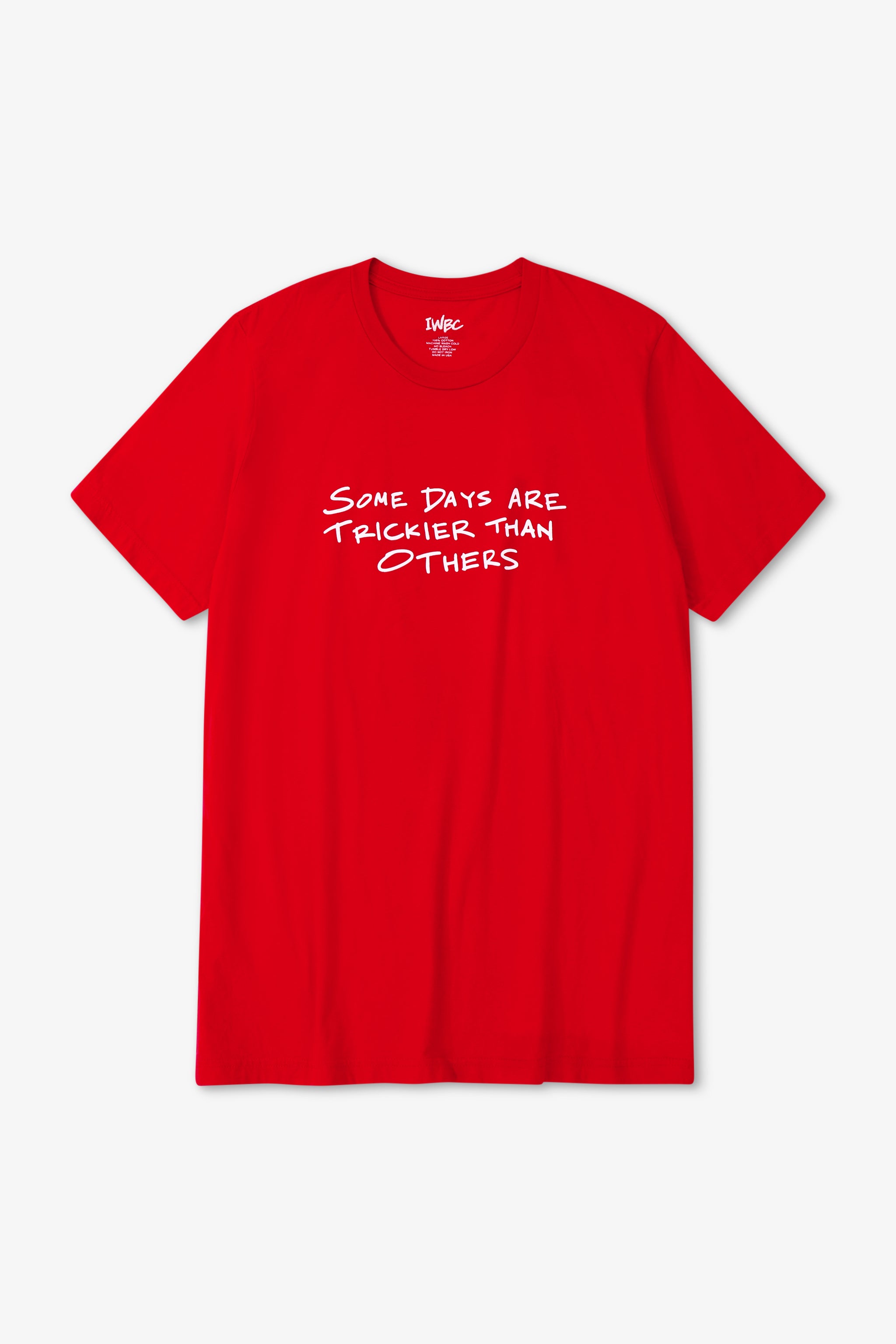 Red t-shirt with white text on a light gray background