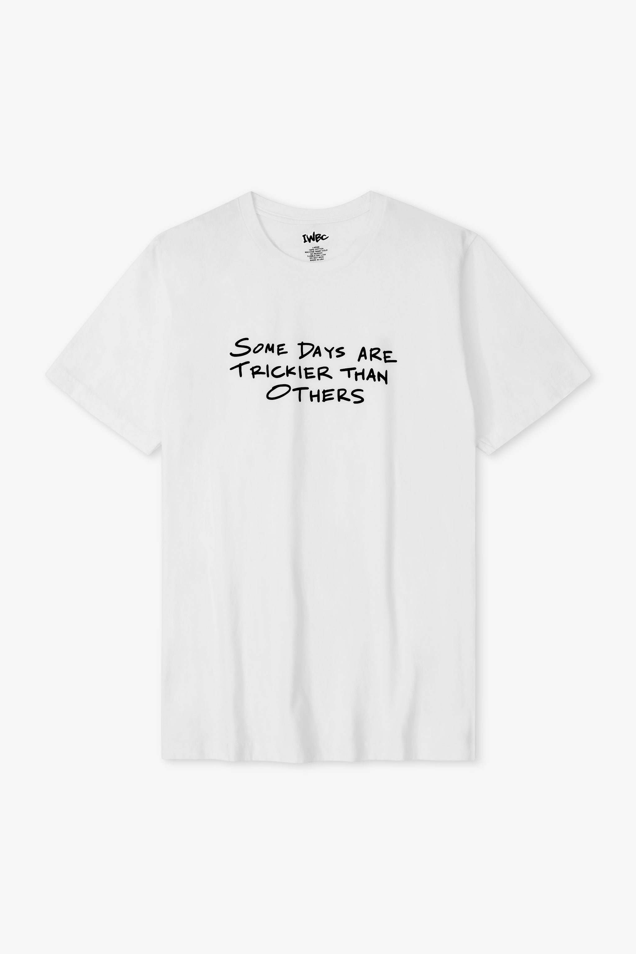 White t-shirt with black text on a white background