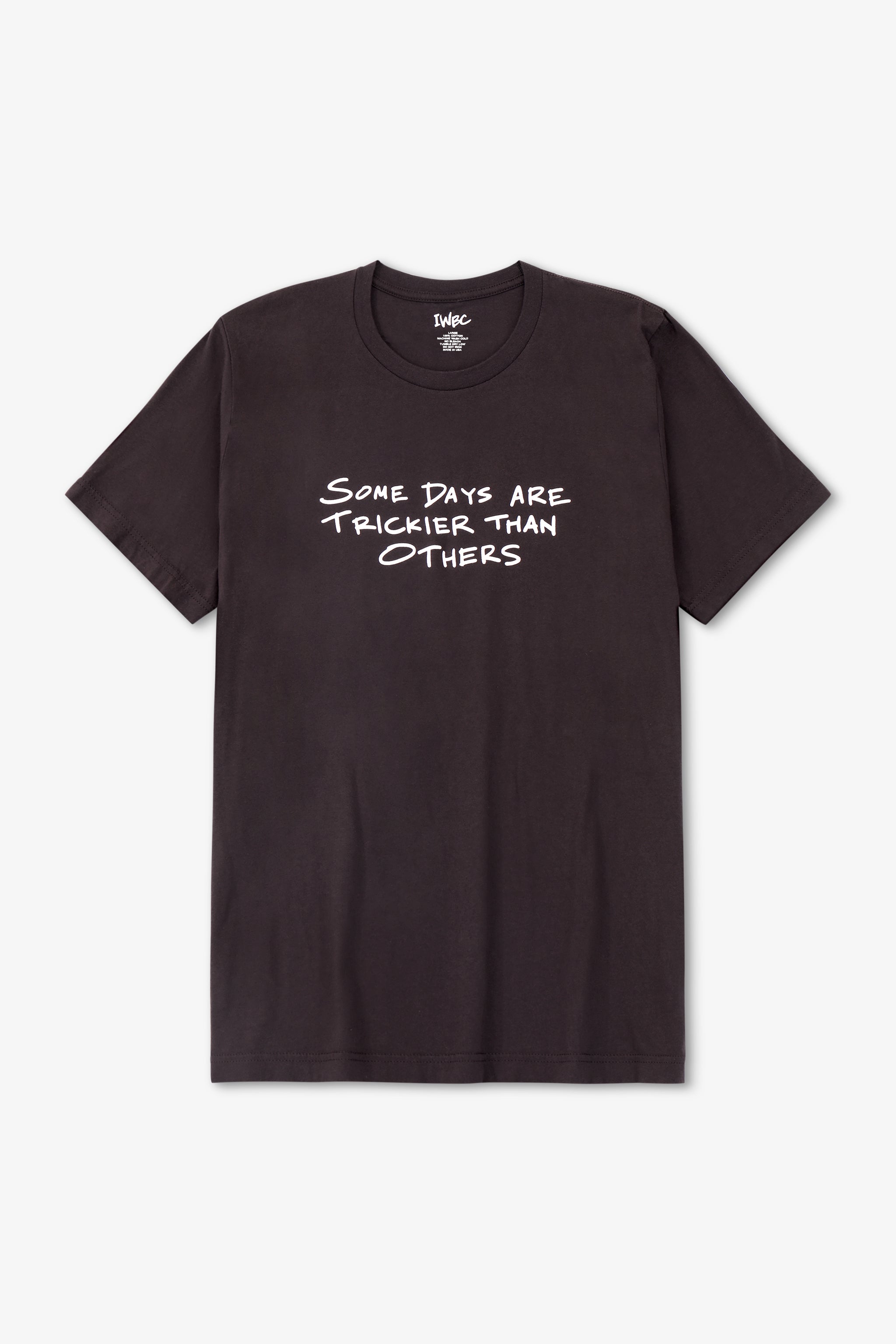 Black t-shirt with white text on a light gray background