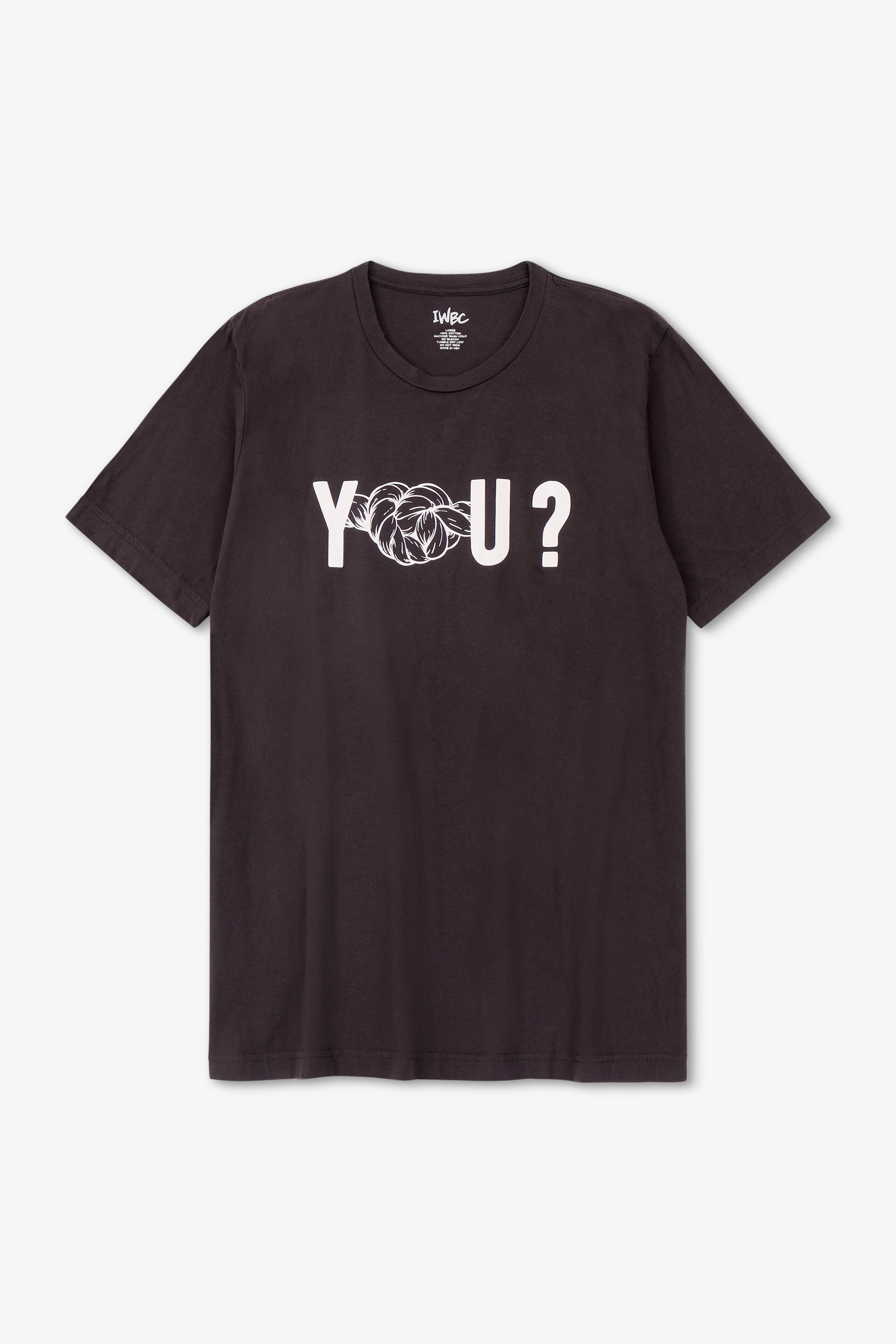 Black t-shirt with white graphic and text on a light gray background