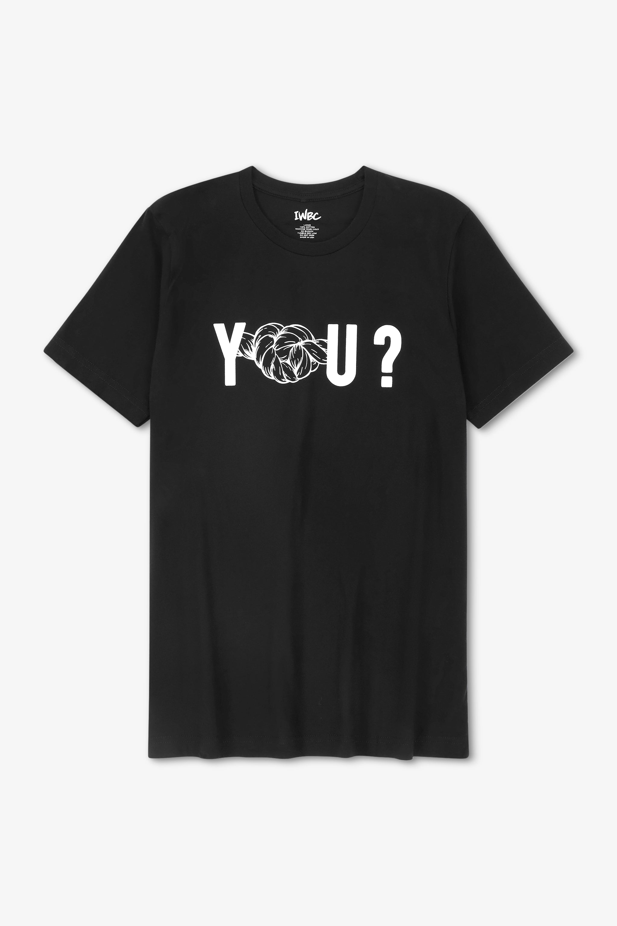 Black t-shirt with white graphic and text on a light gray background