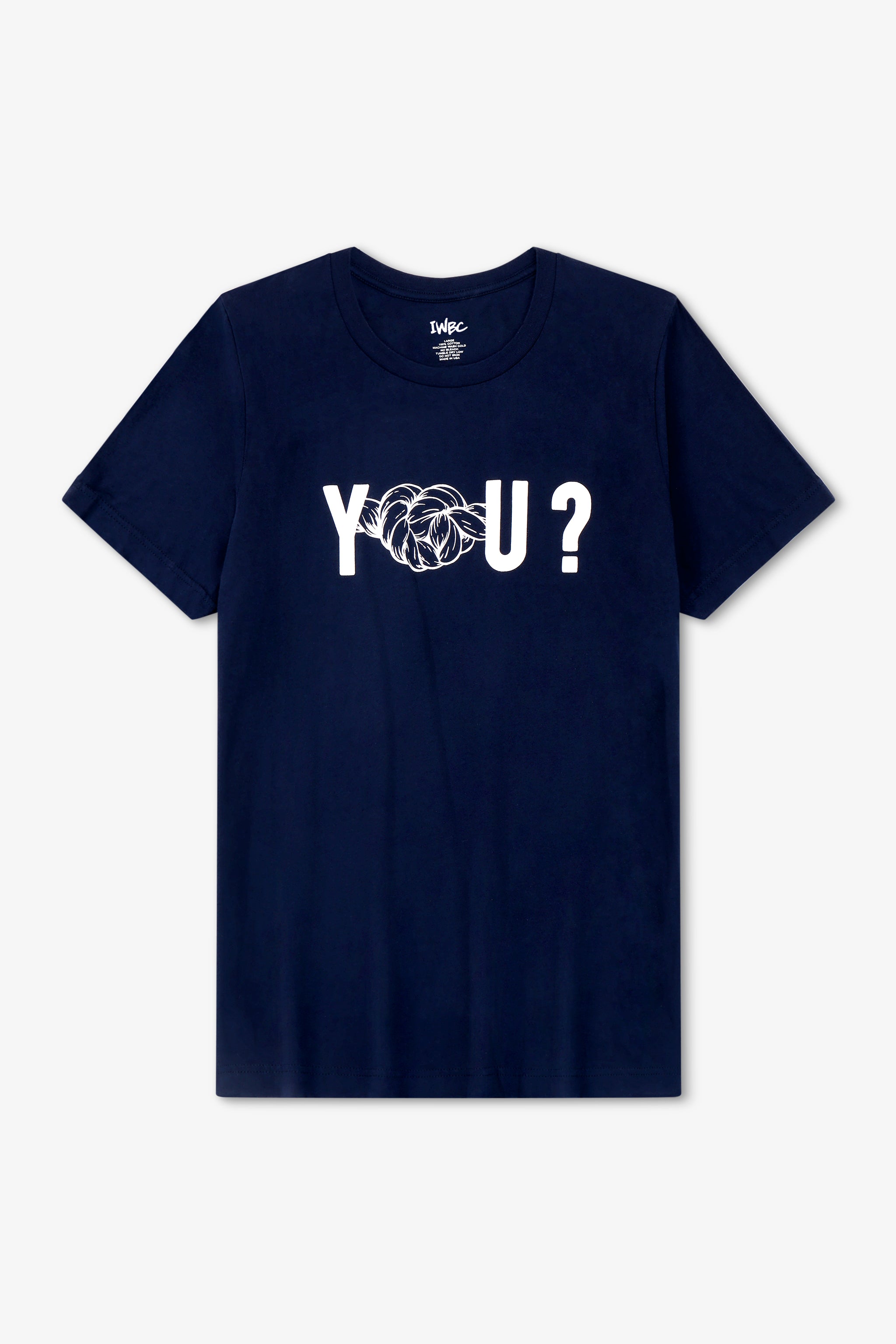 Navy blue t-shirt with white graphic design on a light gray background