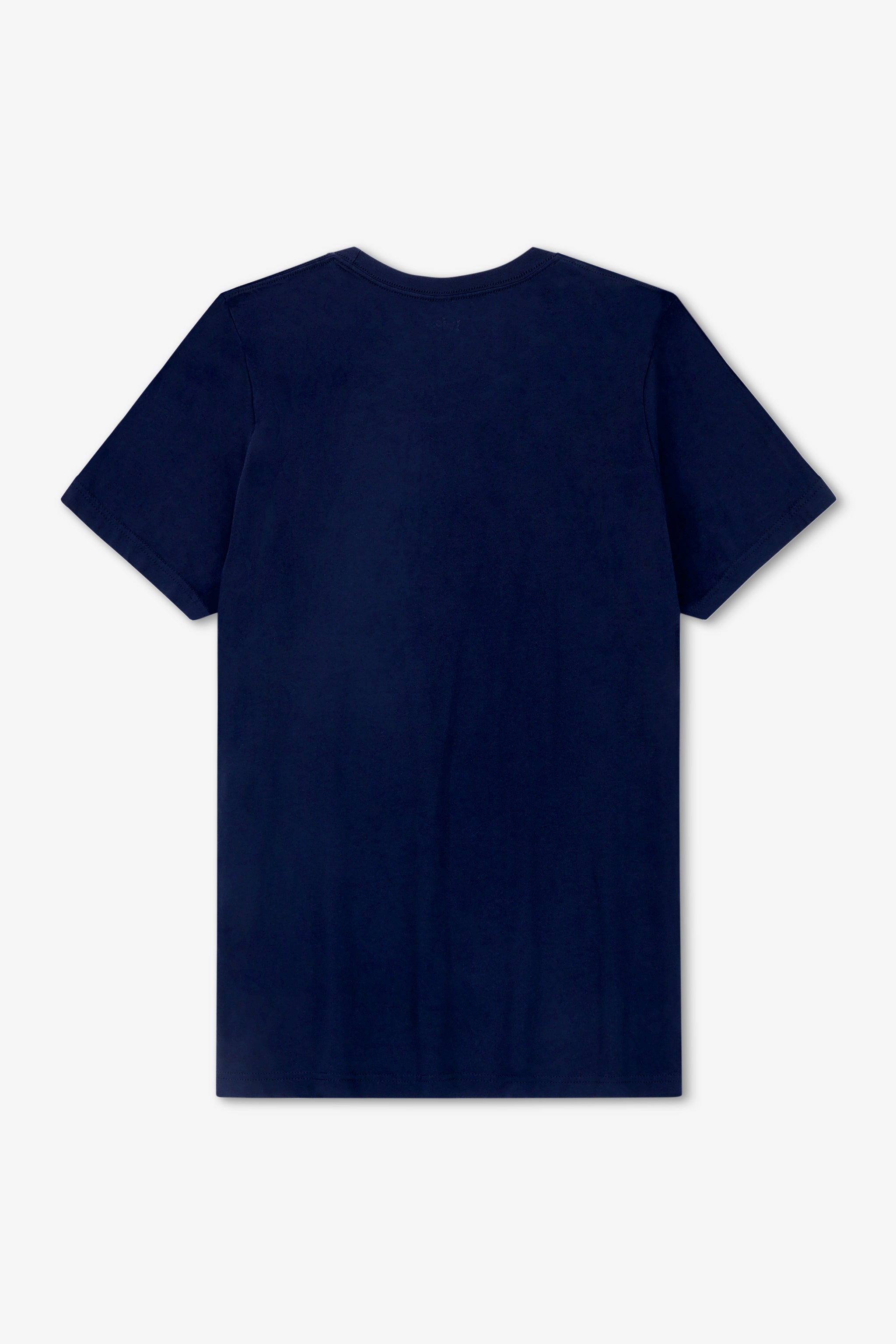 Navy blue t-shirt on a light gray background