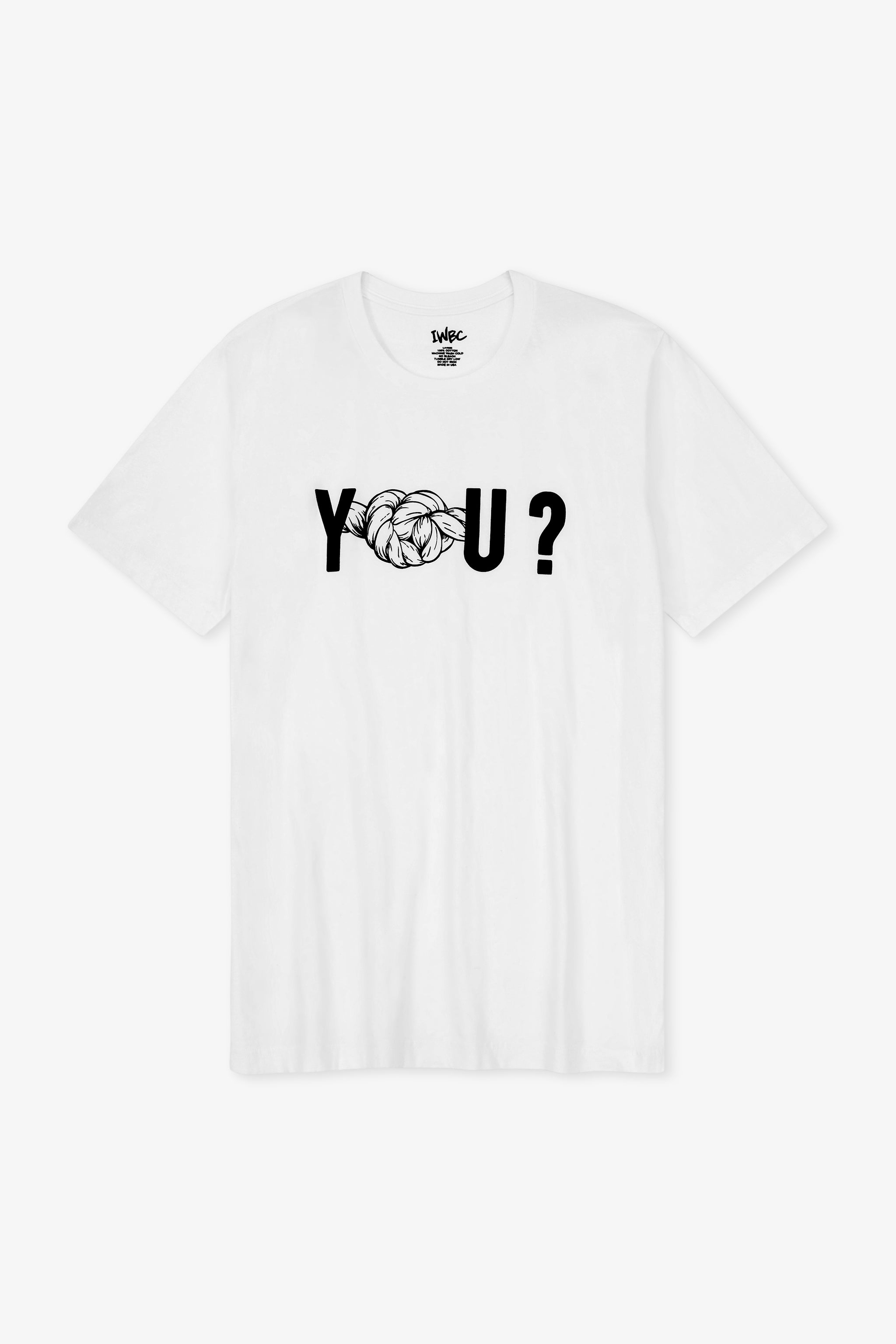 White t-shirt with black text design on a white background