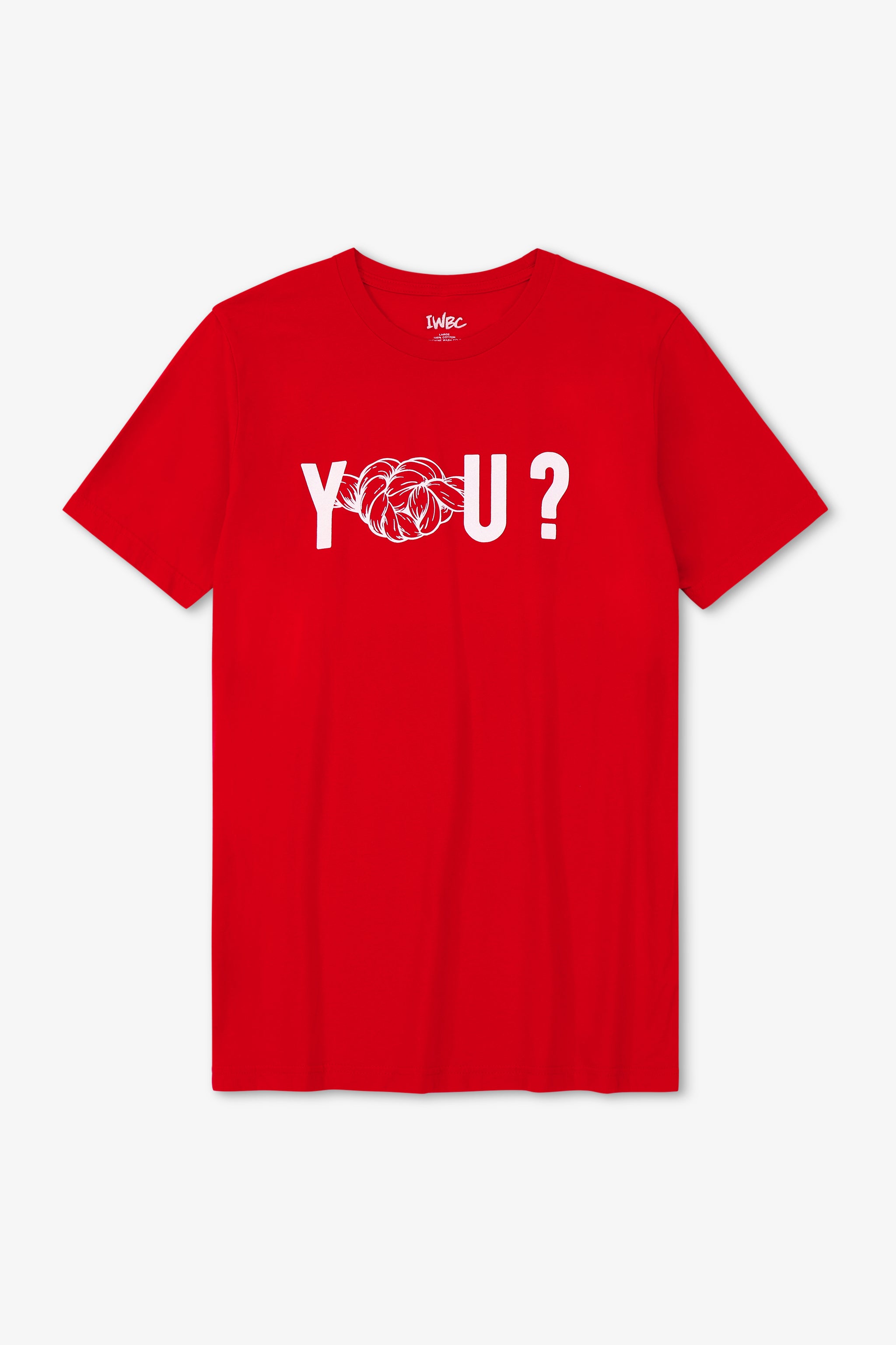 Red t-shirt with 'YOU?' text and basketball graphic on a white background