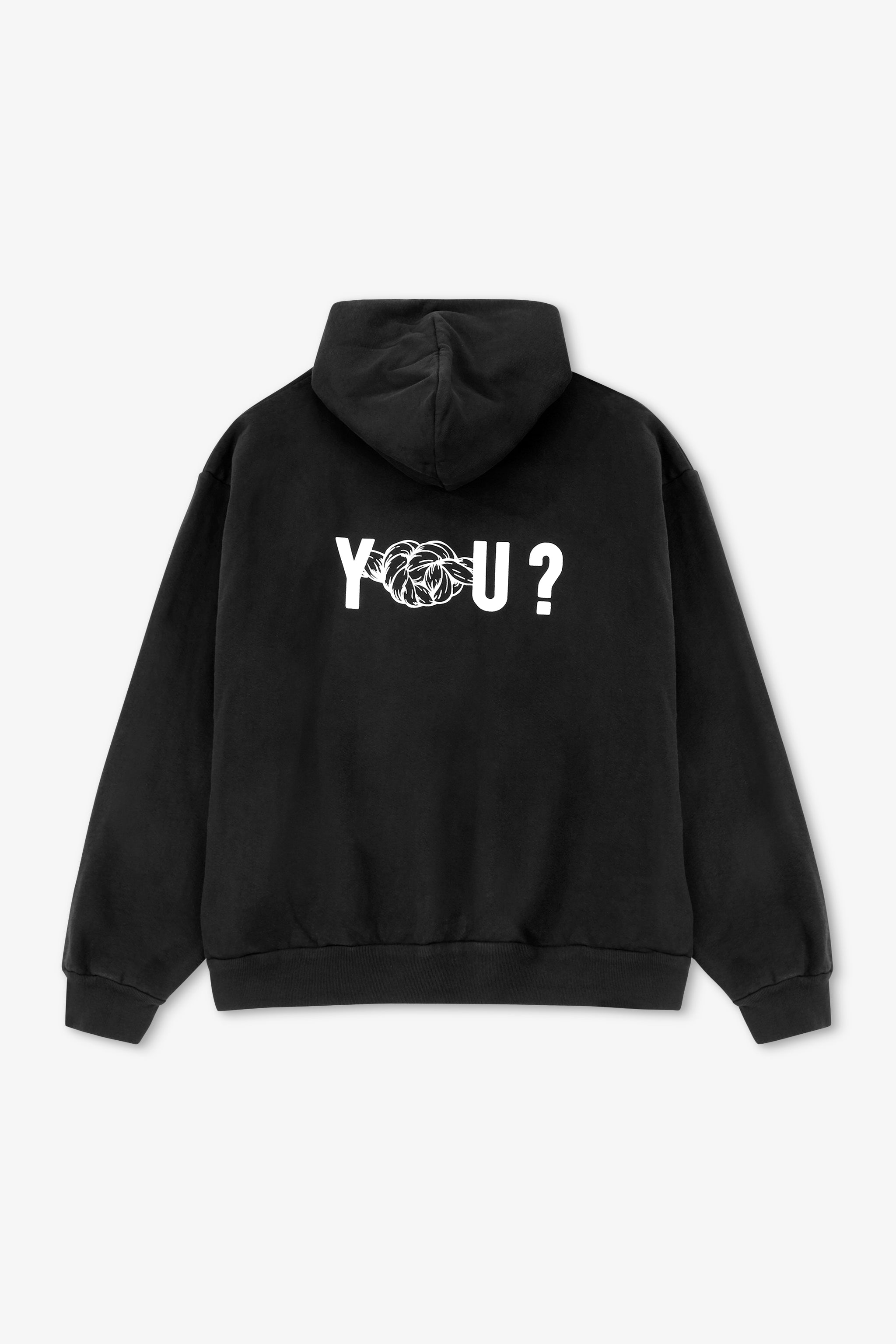 Black hoodie with 'YOU?' text on the back against a white background