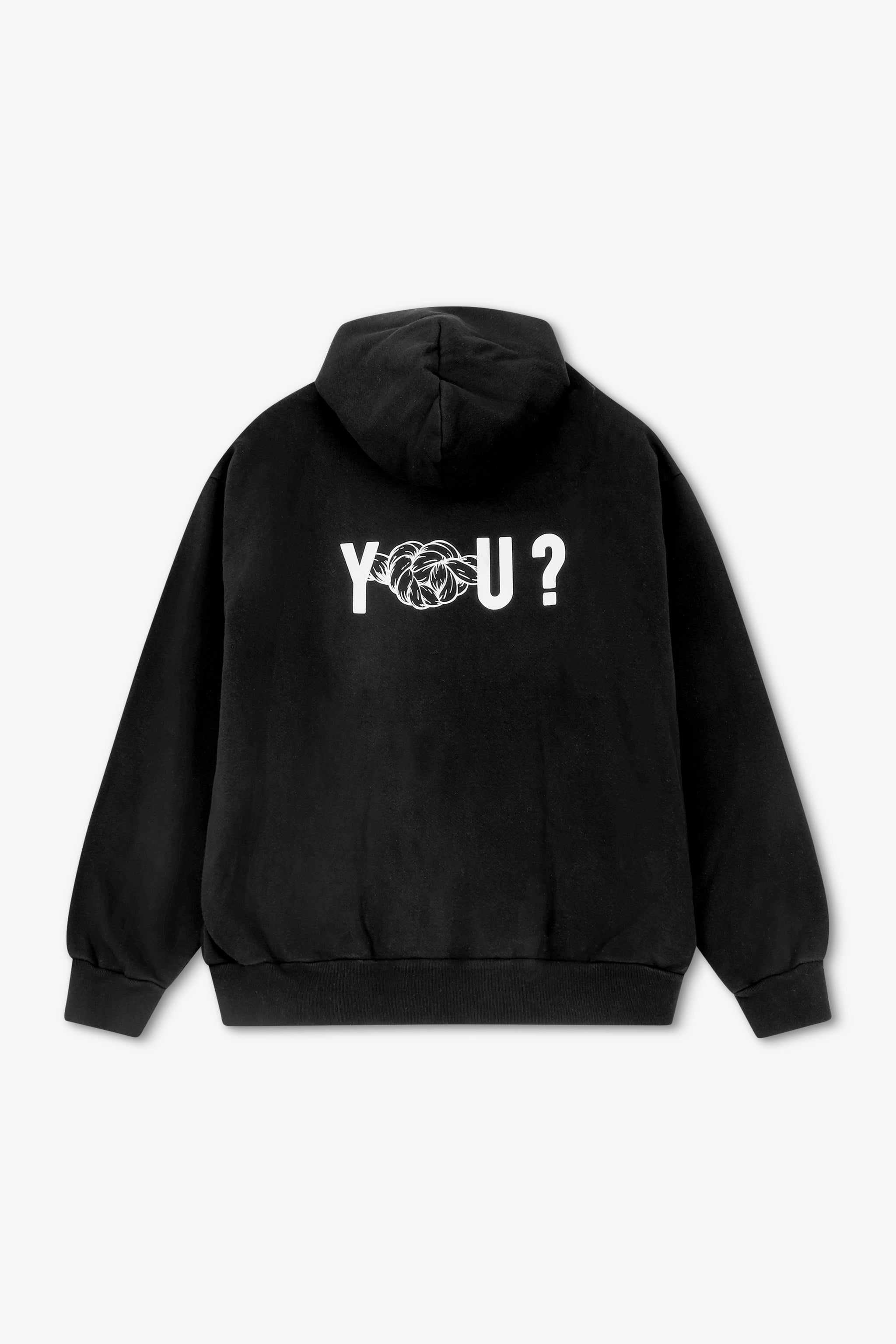 Black hoodie with 'YOU?' text on the back against a white background