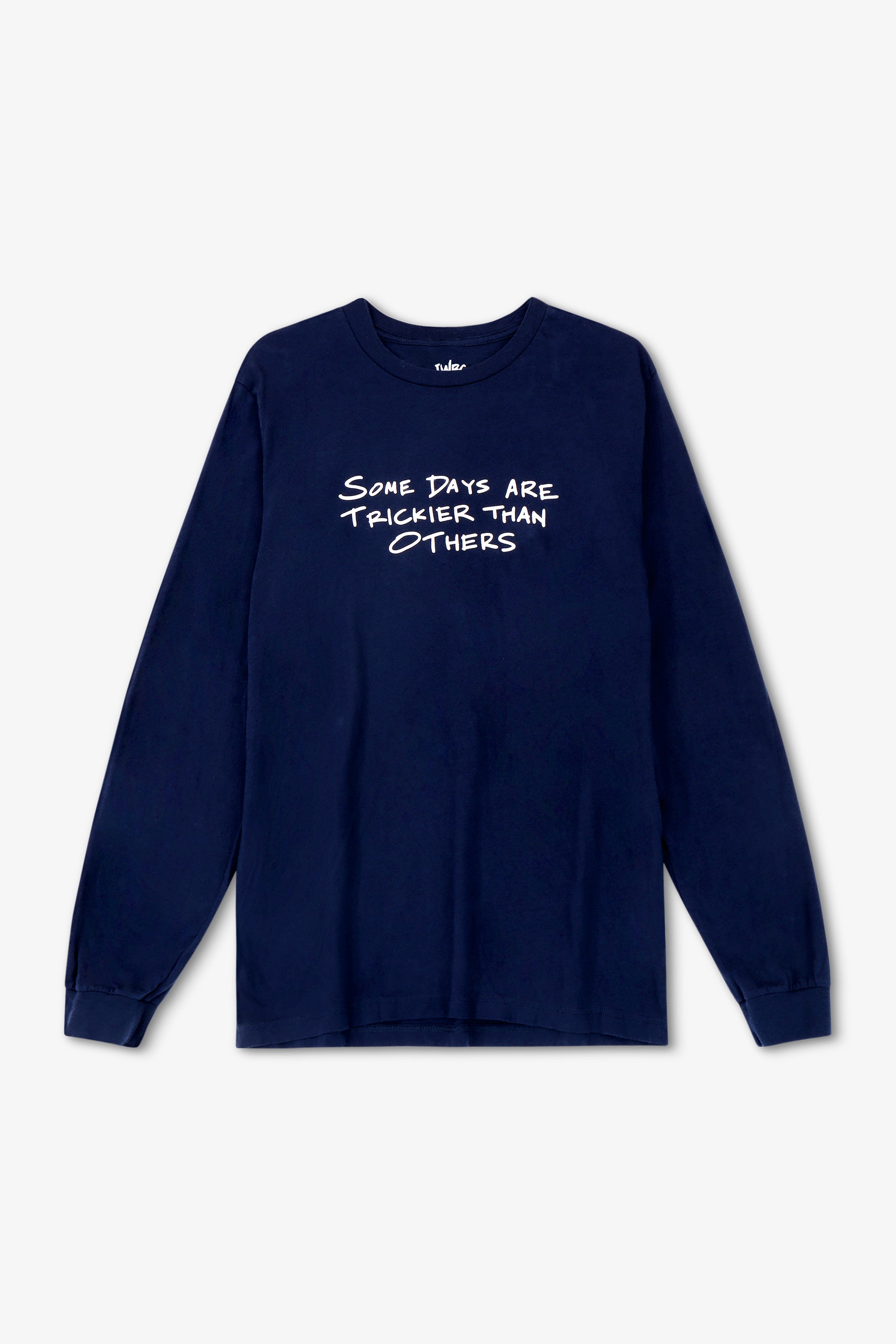 Navy blue long-sleeve shirt with white text on a light gray background