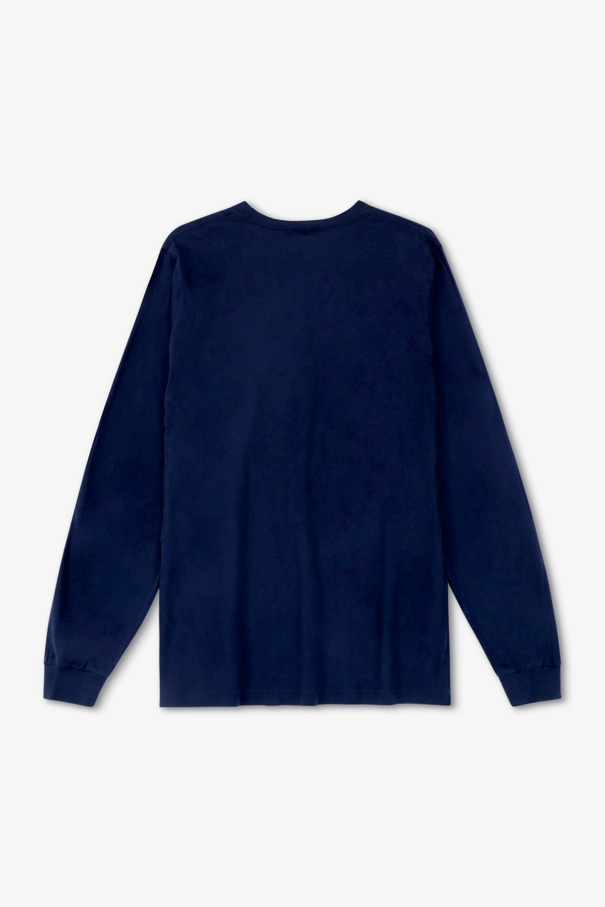 Navy blue long-sleeve shirt on a light gray background