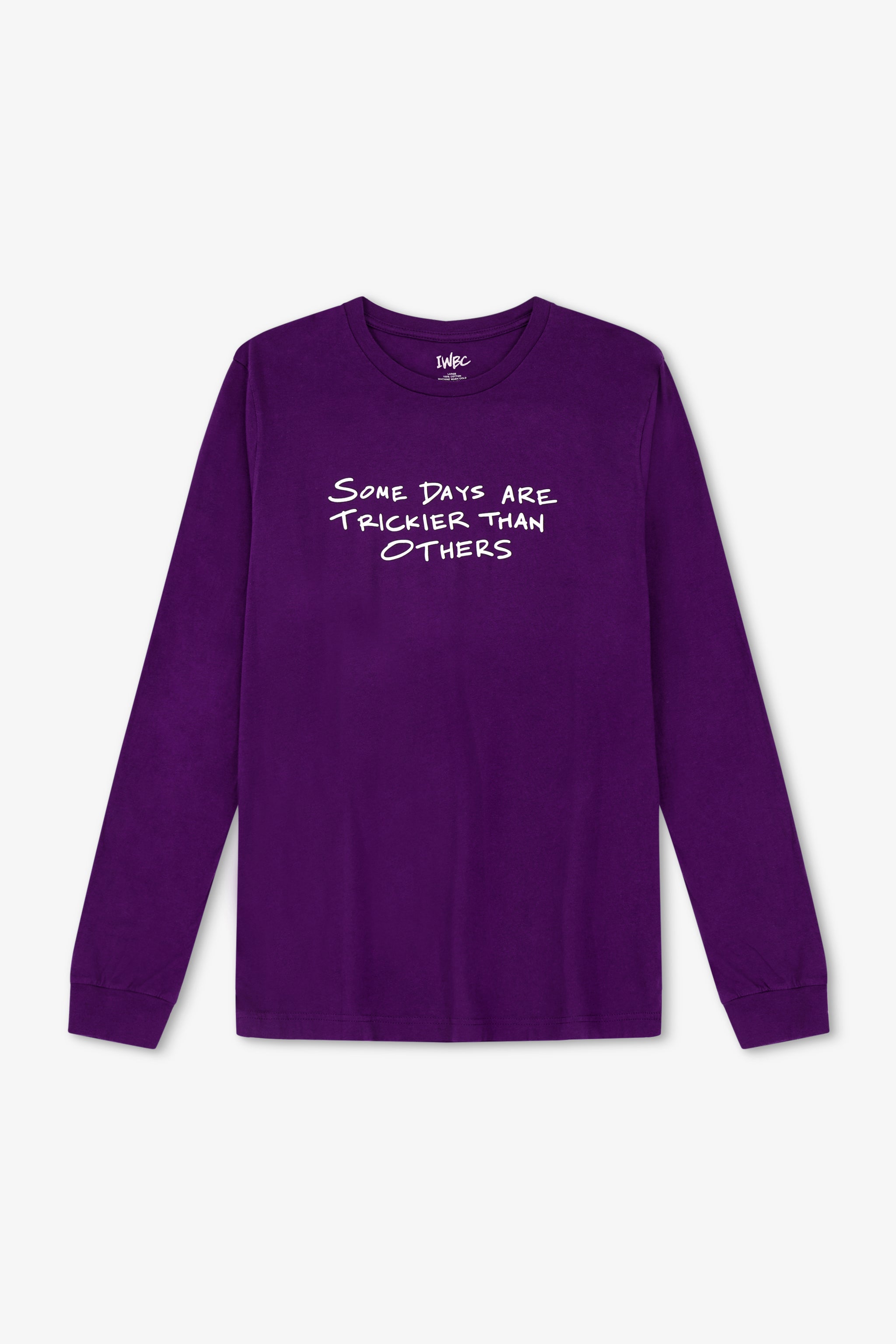 Purple long-sleeve shirt with white text on a light gray background