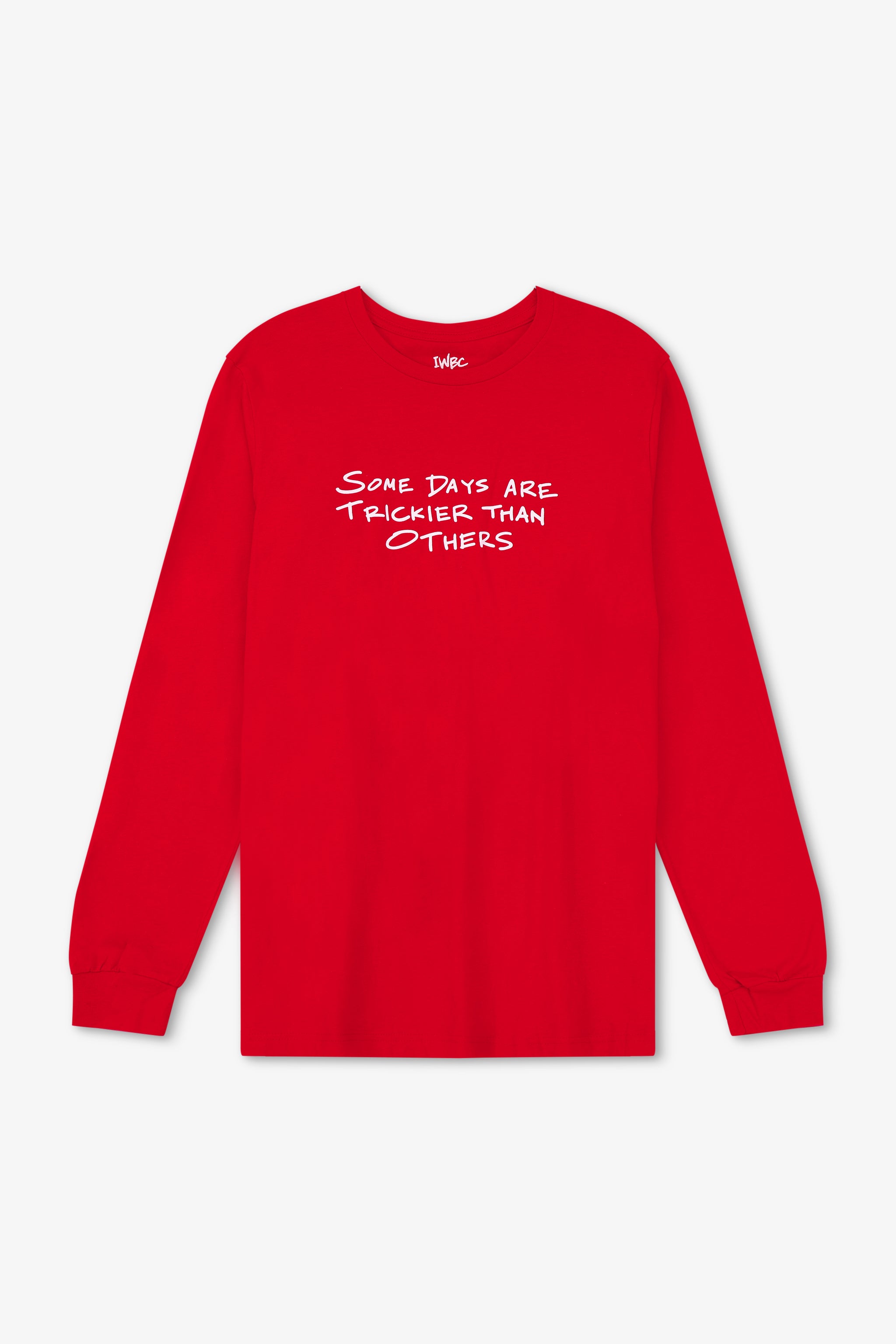 Red long-sleeve shirt with white text on a white background
