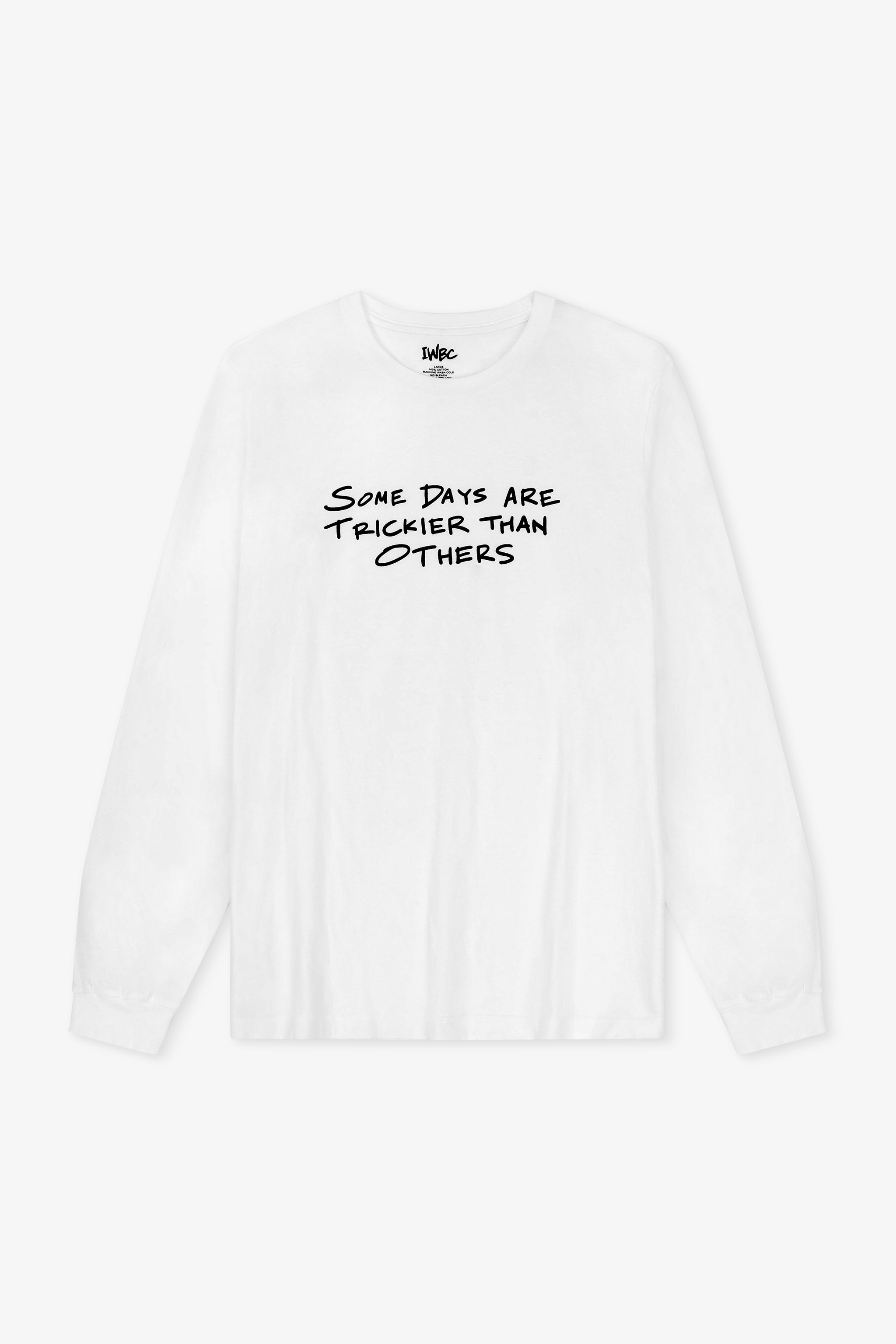 White long-sleeve shirt with black text on a white background