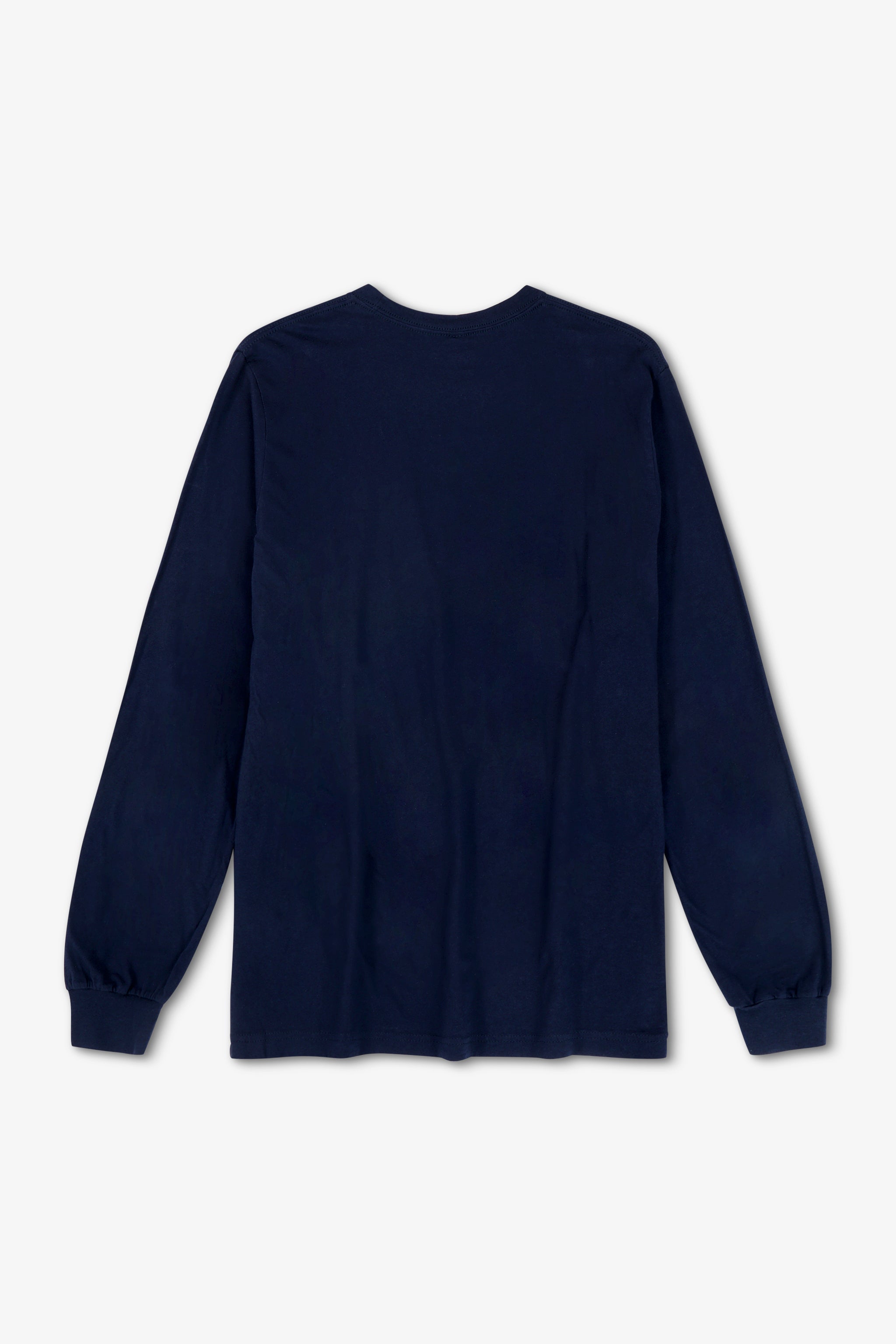 Navy blue long-sleeve shirt on a light gray background