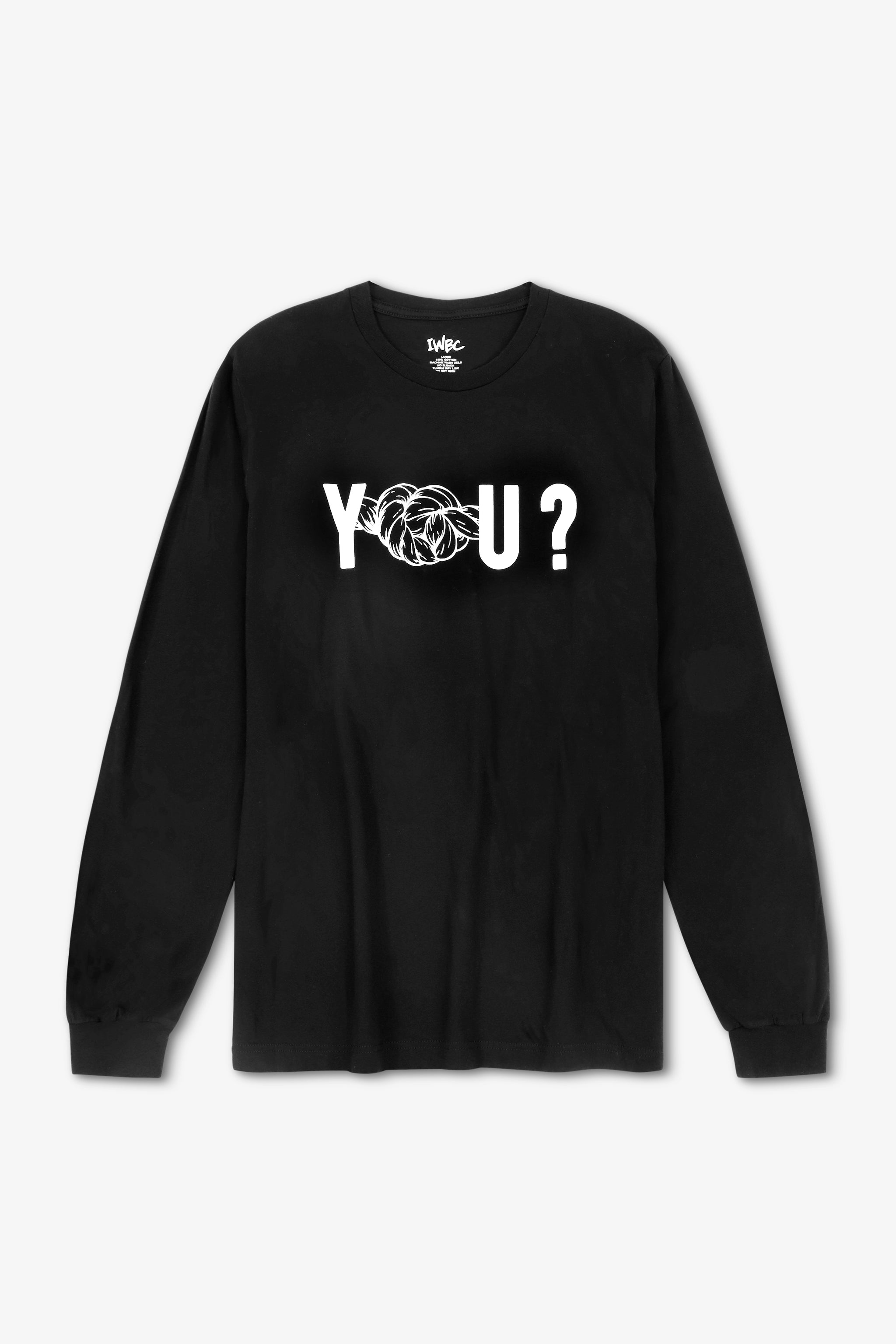 Black long-sleeve shirt with 'YOU?' graphic on a white background