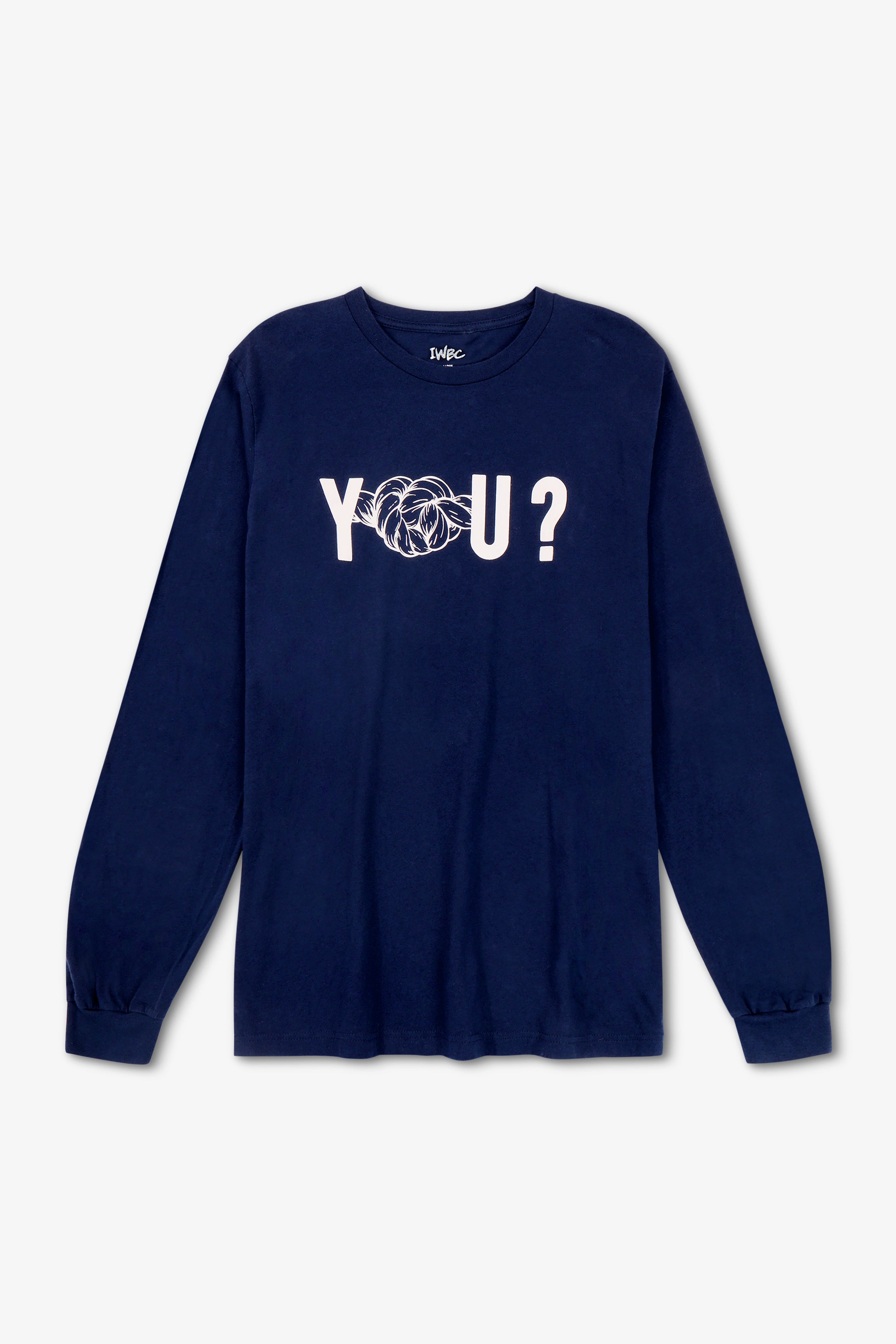 Navy blue long-sleeve shirt with white graphic and text on a light gray background