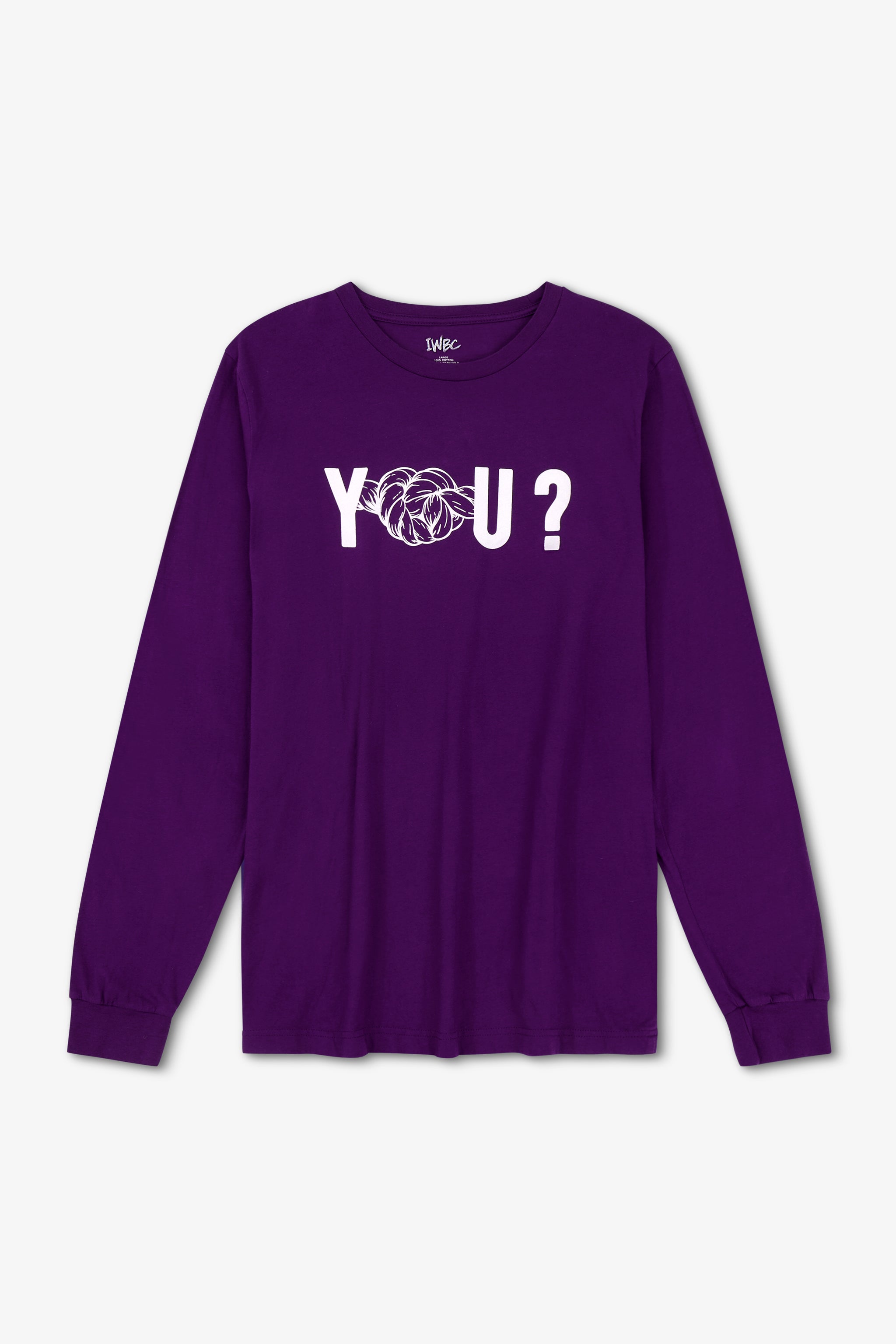Purple long-sleeve shirt with 'YOU?' text on a white background