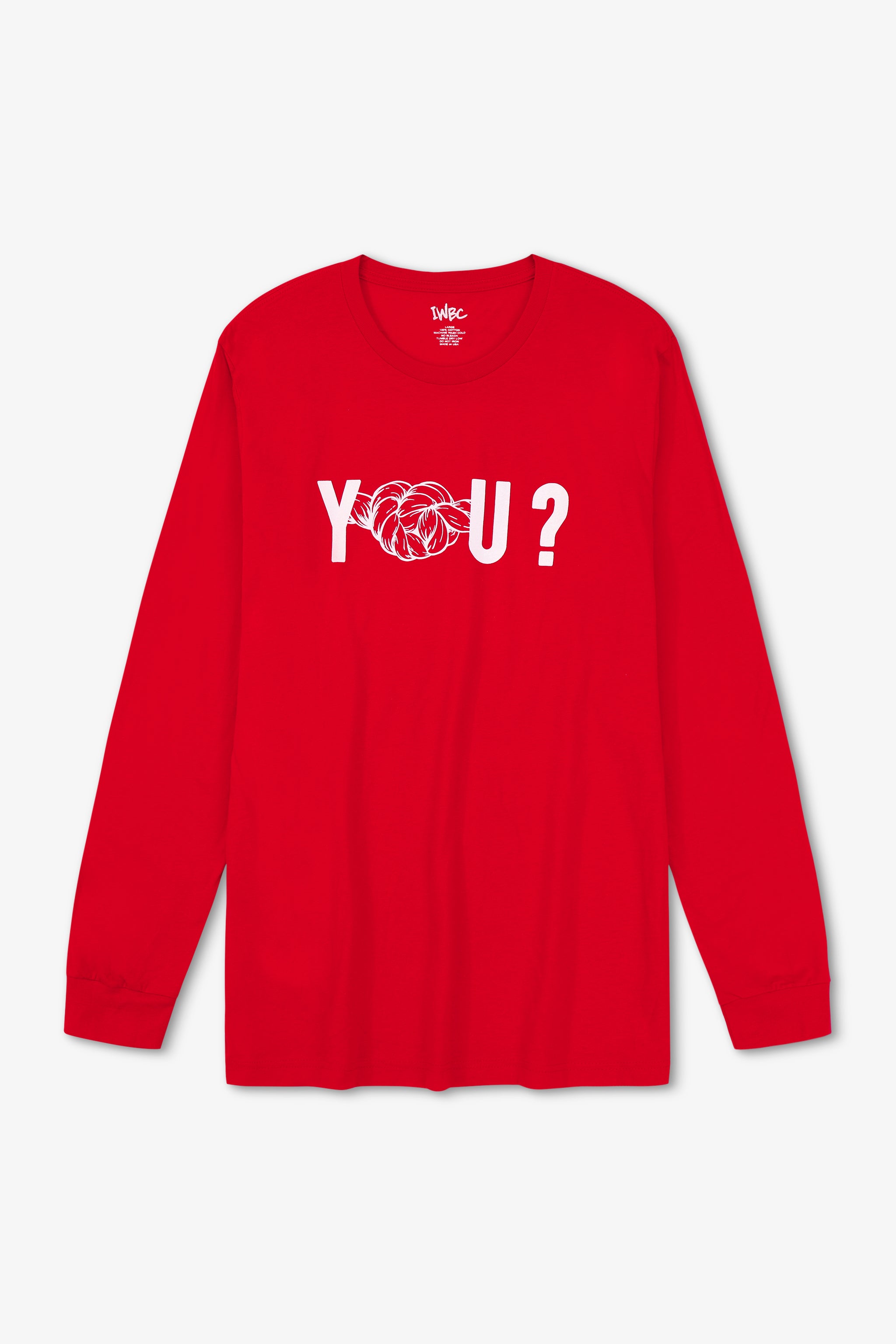 Red long-sleeve shirt with white text on a light gray background