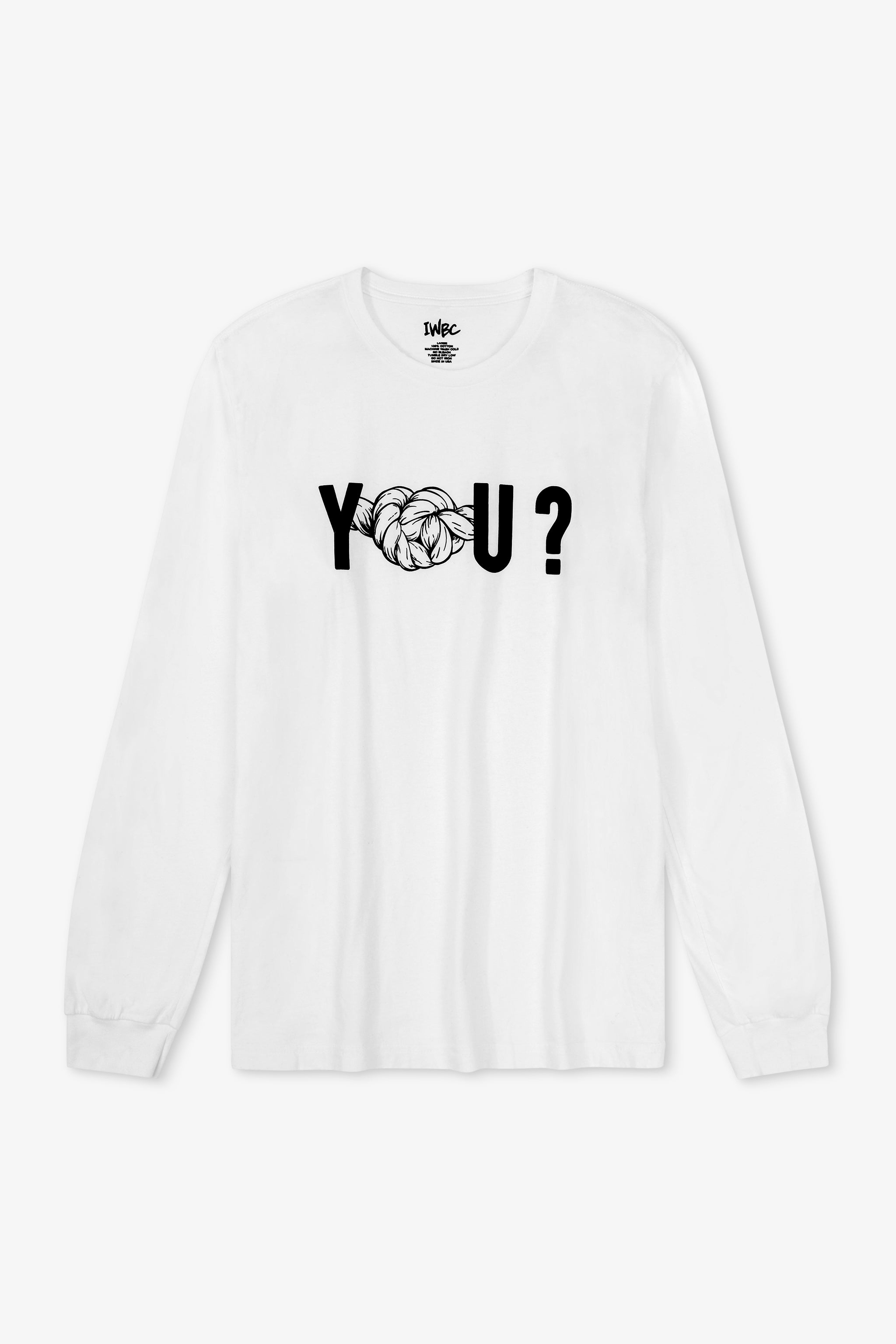 White long-sleeve shirt with black text and graphic on a white background