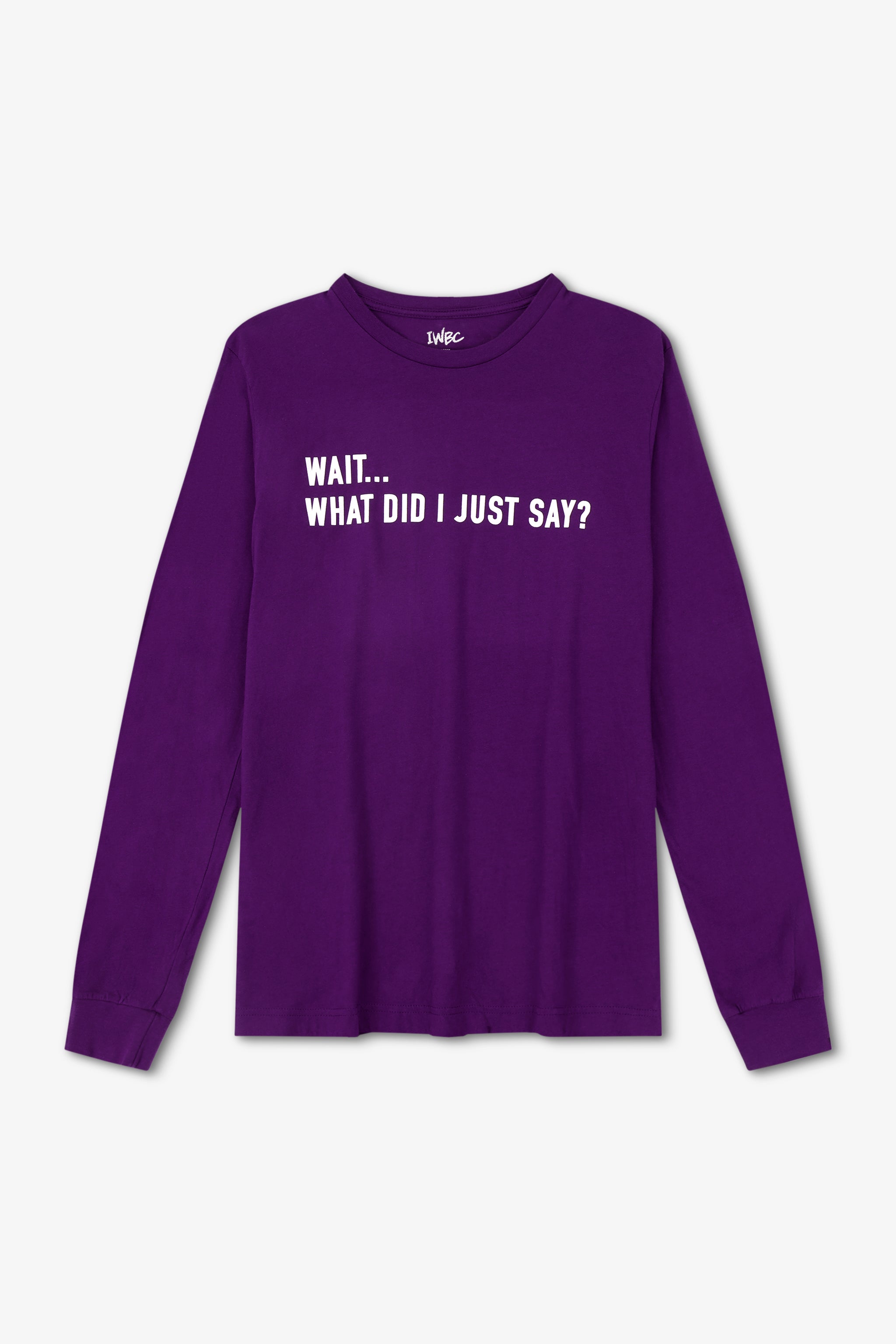 Purple long-sleeve shirt with white text on a light gray background
