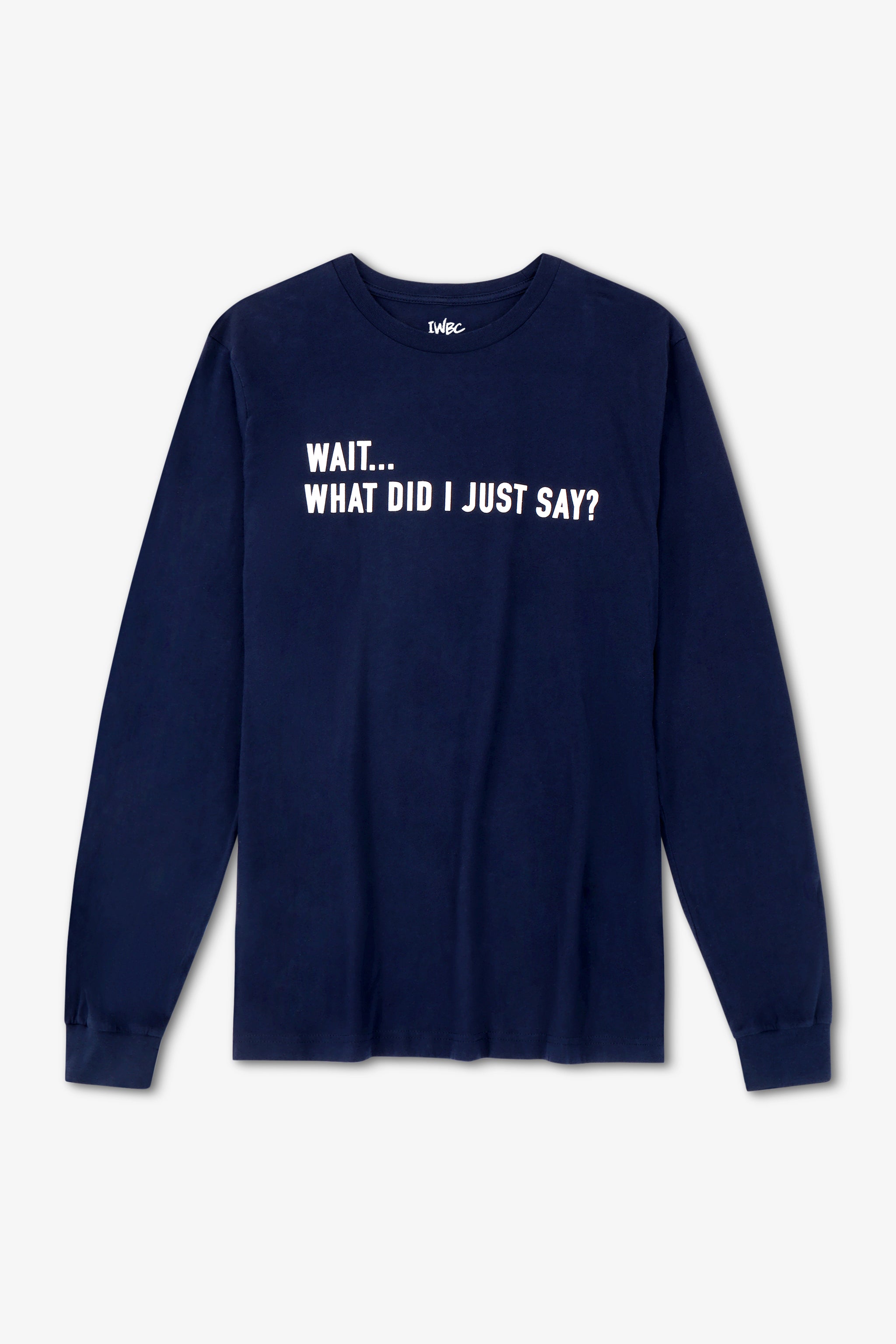 Navy blue long-sleeve shirt with white text on a light gray background