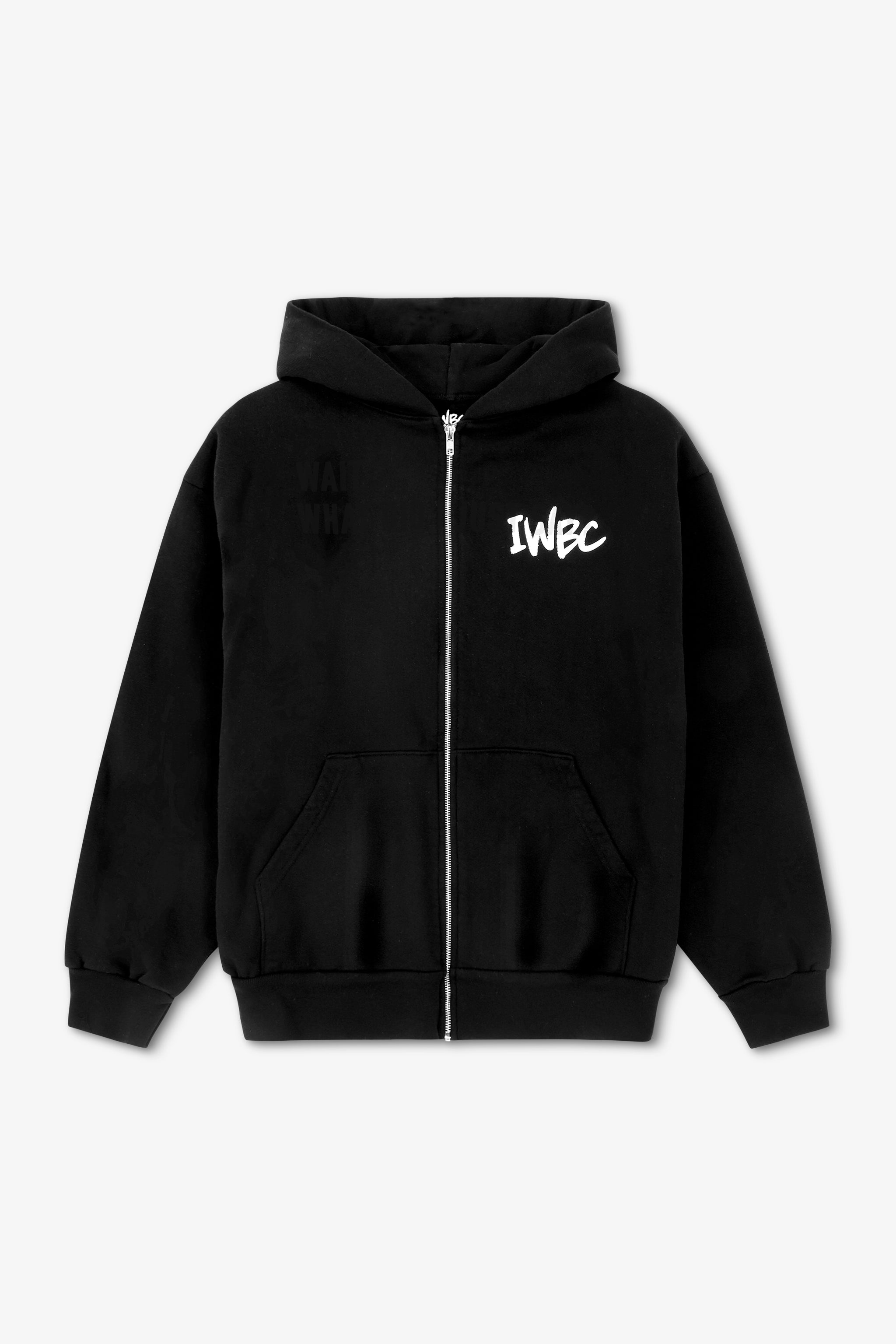 Black hoodie with 'IWBC' logo on a white background