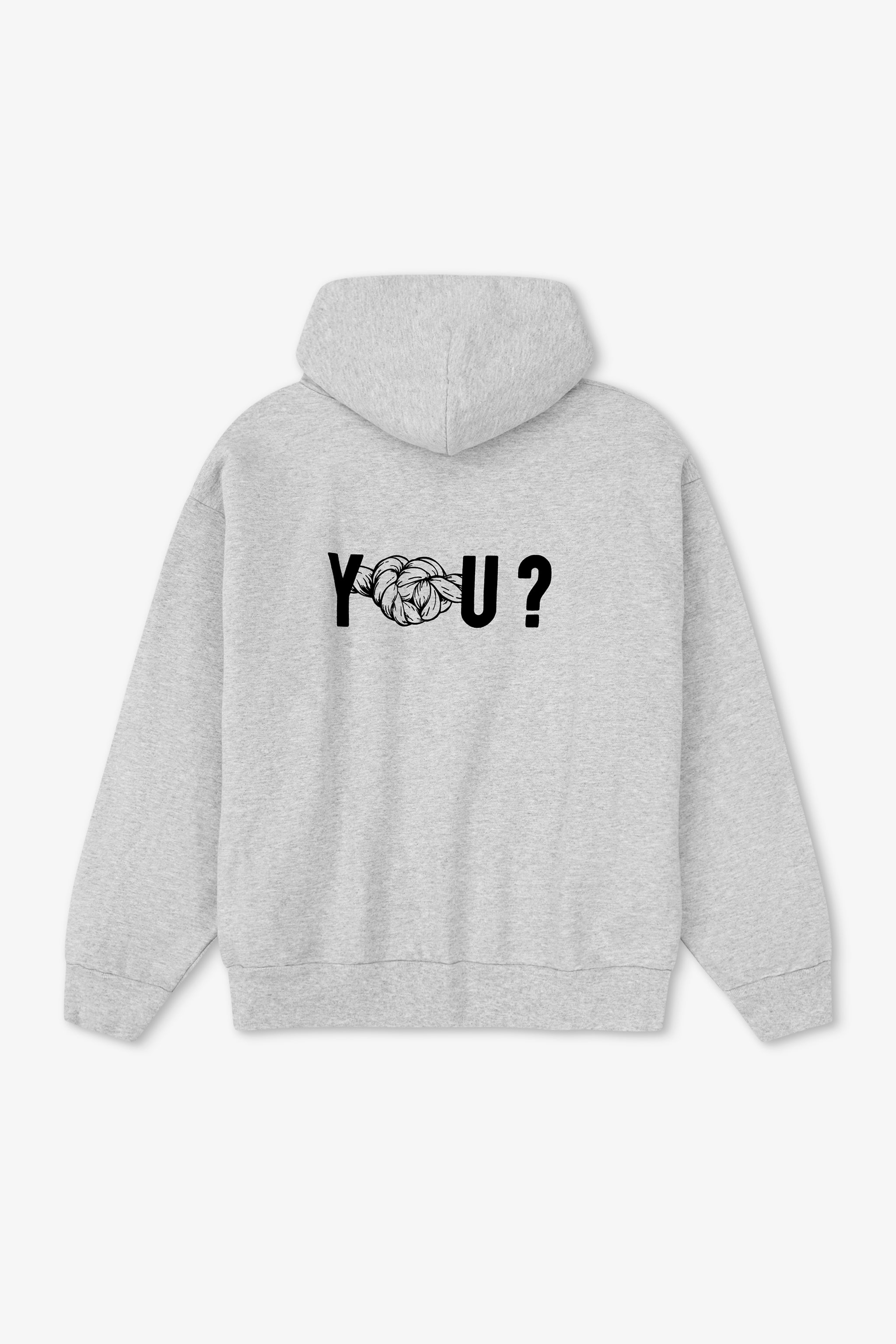 Gray hoodie with 'YOU?' text on the back against a white background