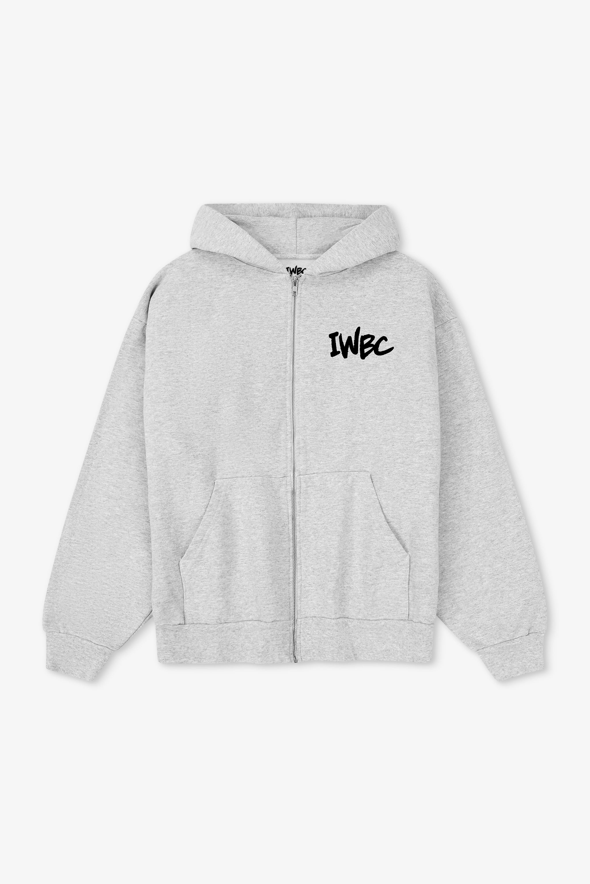 Gray hoodie with 'IWBC' text on a white background