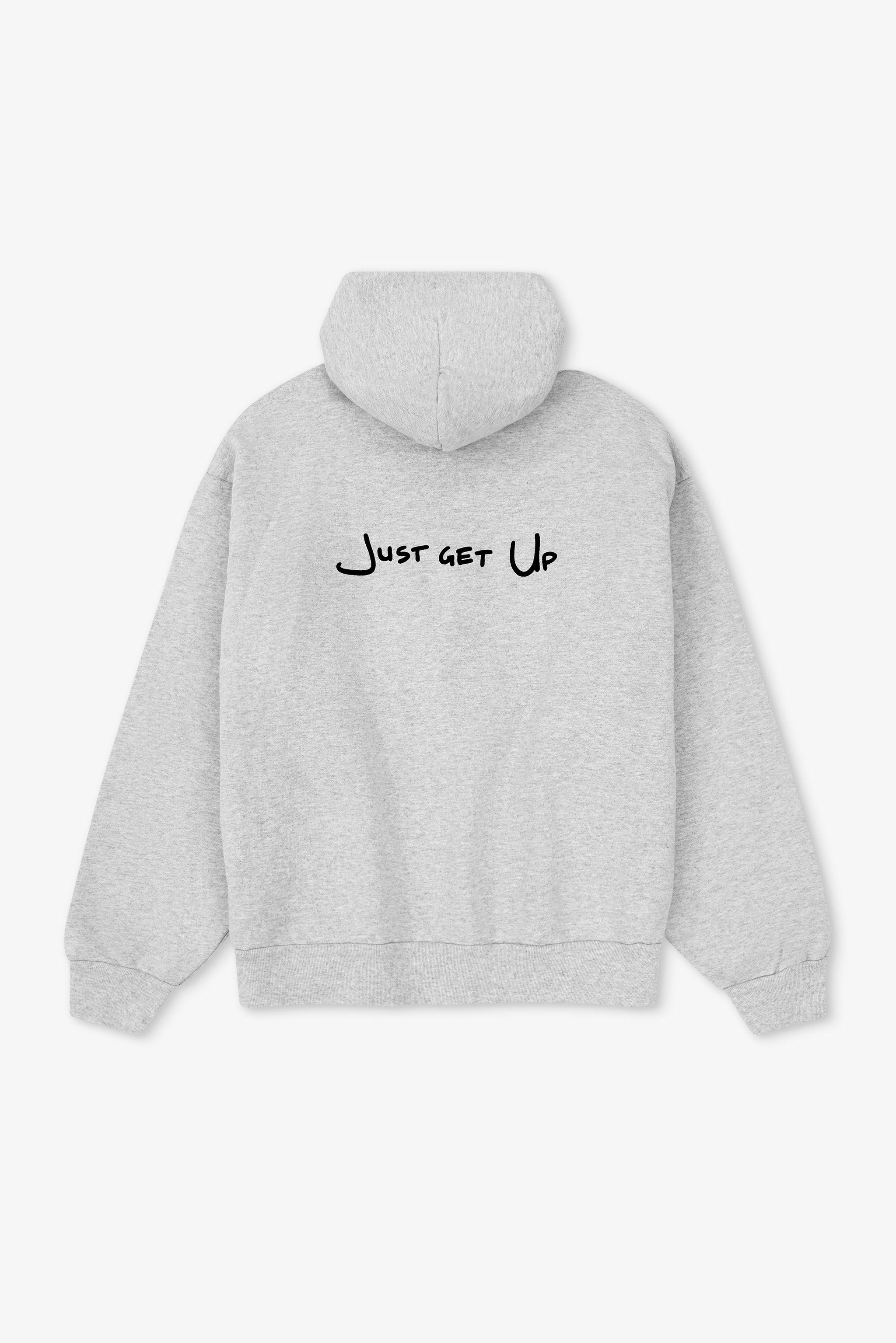 Gray hoodie with 'Just get Up' text on the back against a white background