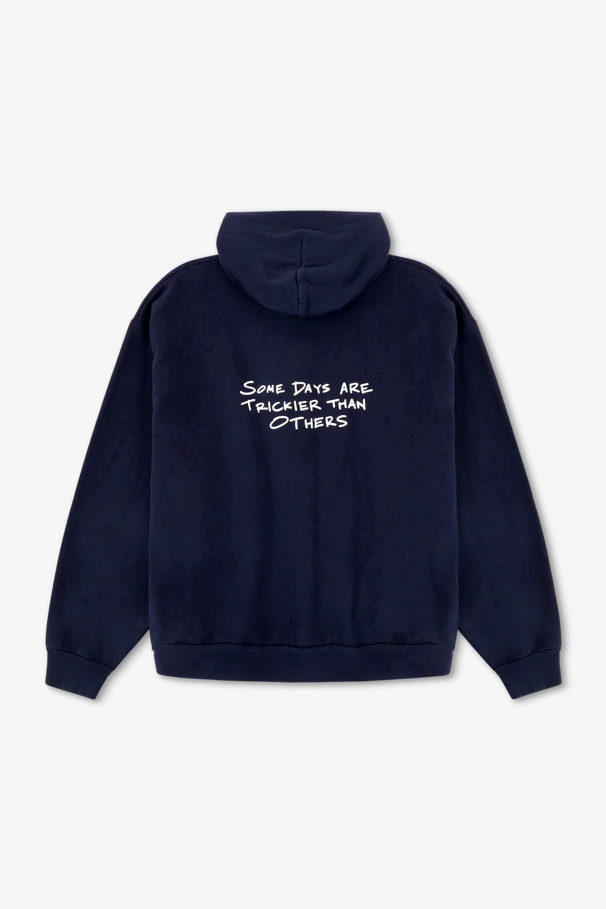 Navy blue hoodie with white text on the back against a light gray background