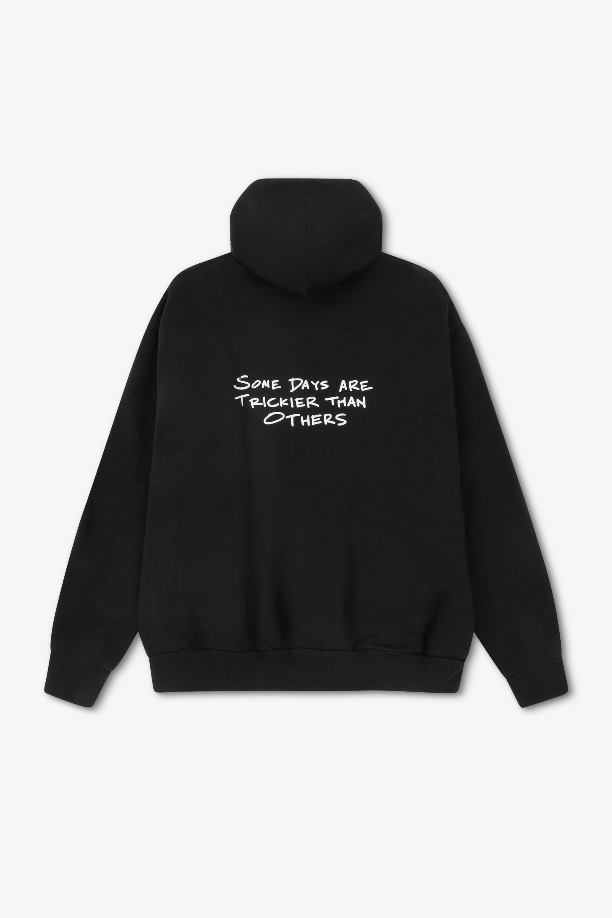 Black hoodie with white text on the back against a white background