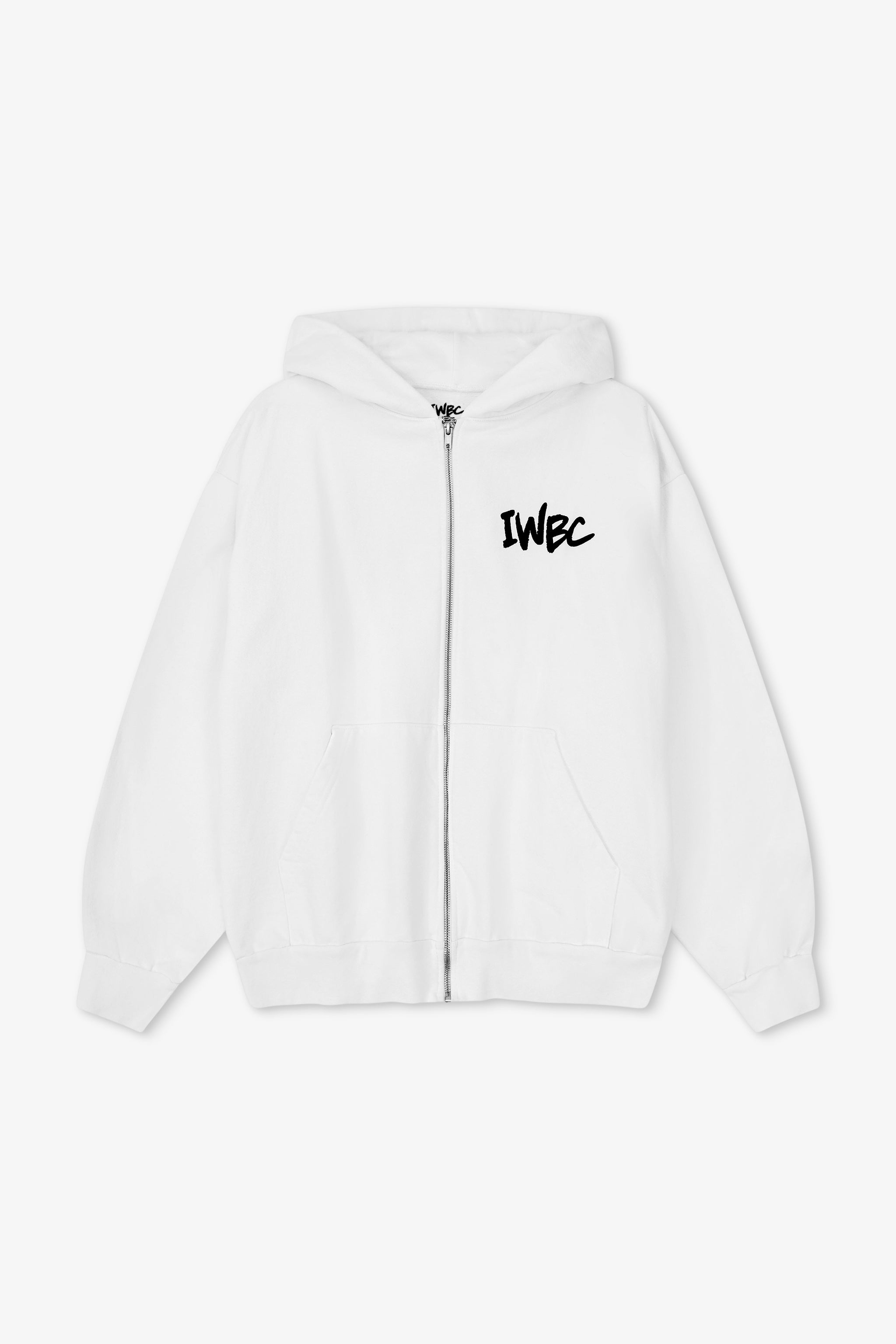 White hoodie with 'IWBC' text on a white background