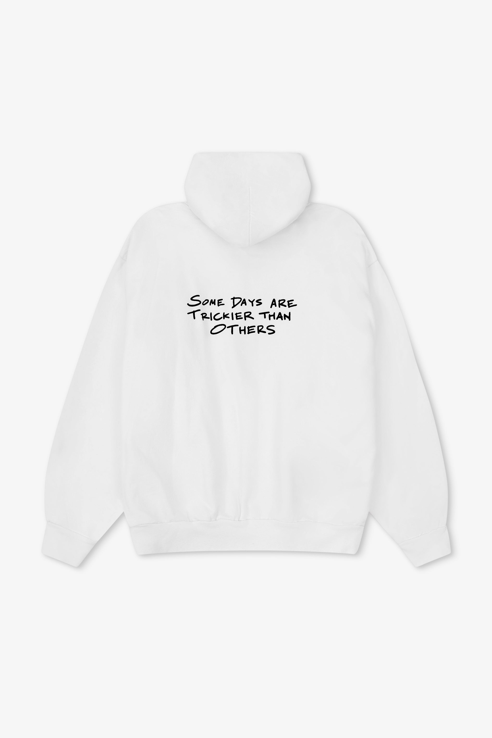 White hoodie with text on the back against a white background