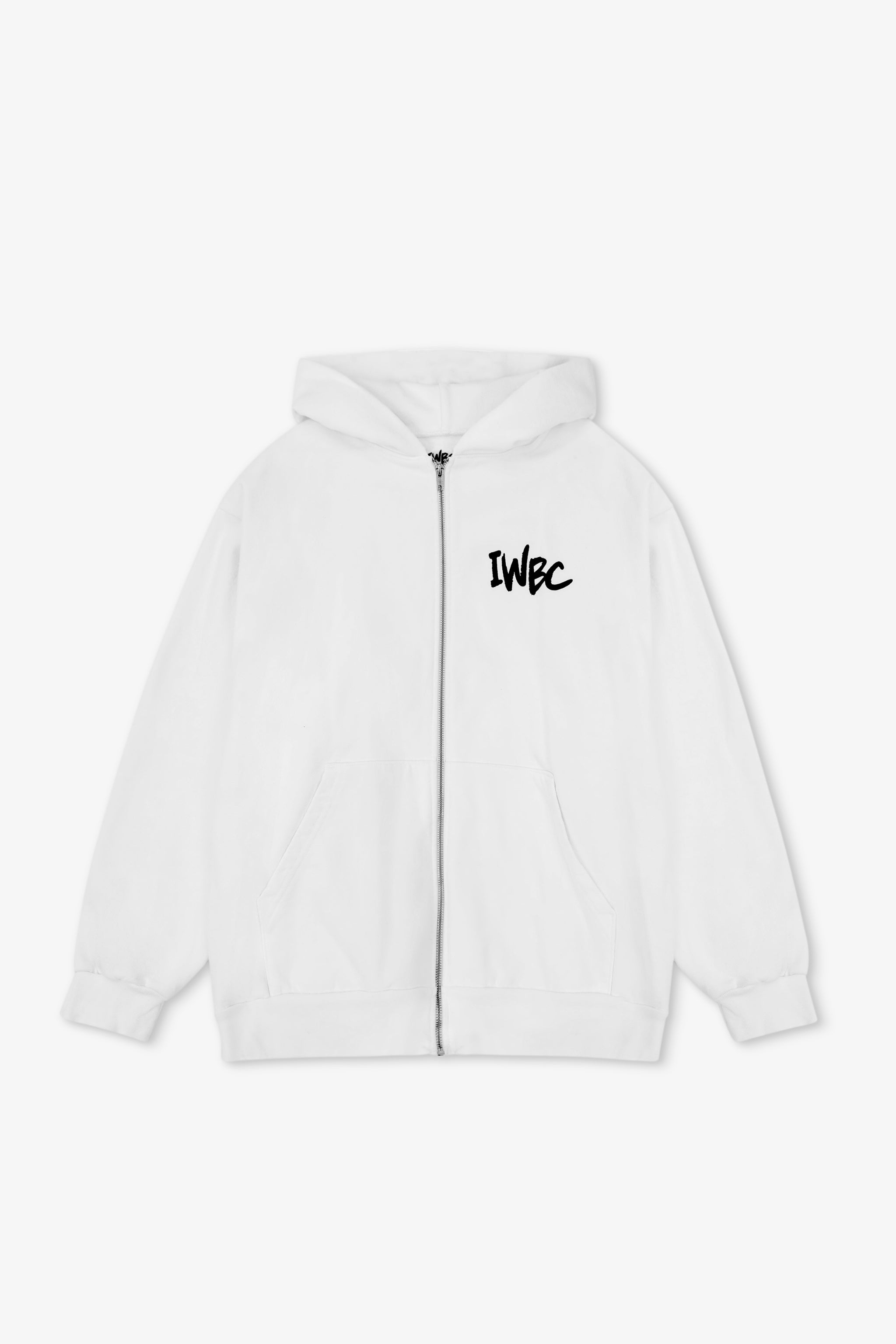 White hoodie with black text on a white background