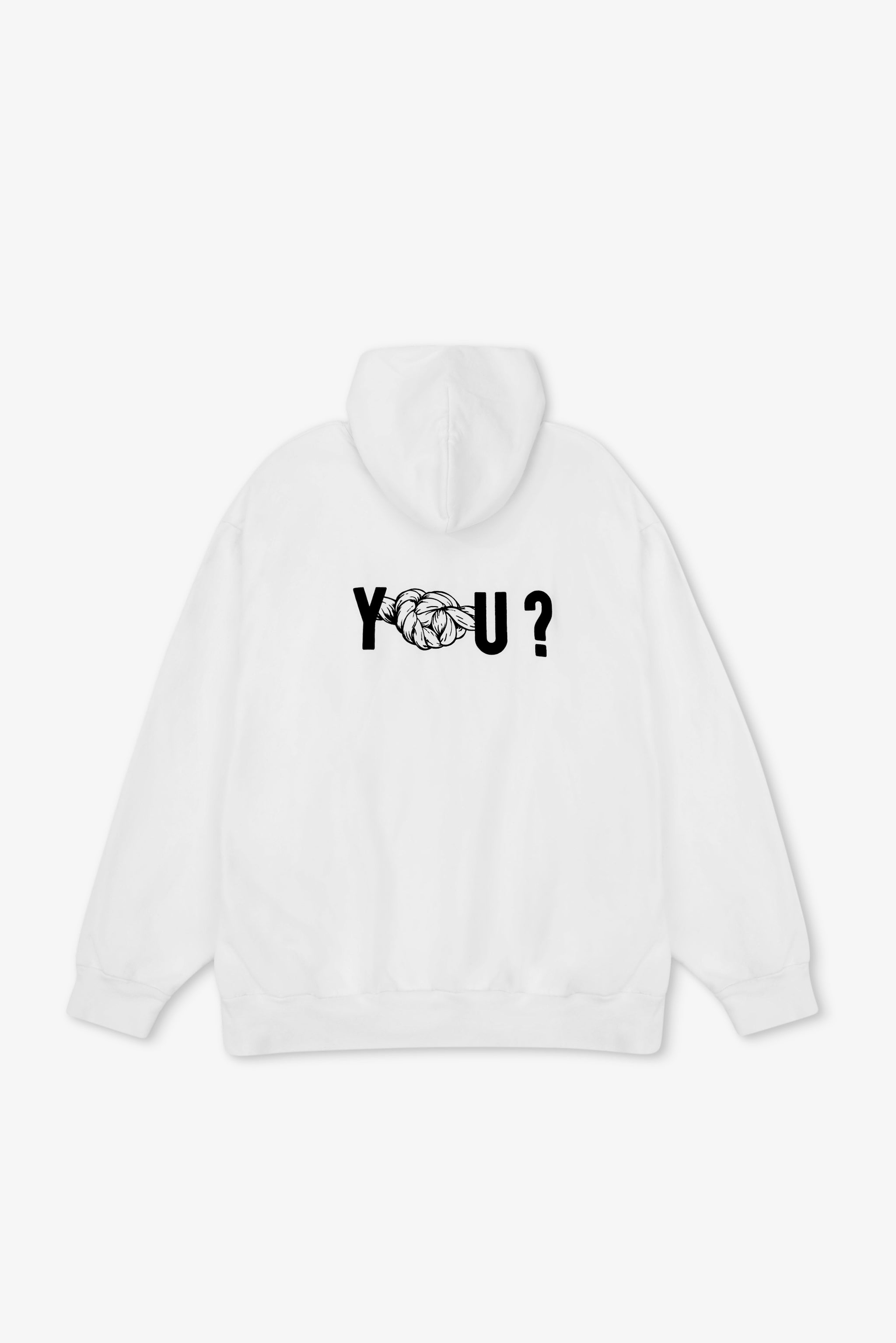 White hoodie with text design on a white background