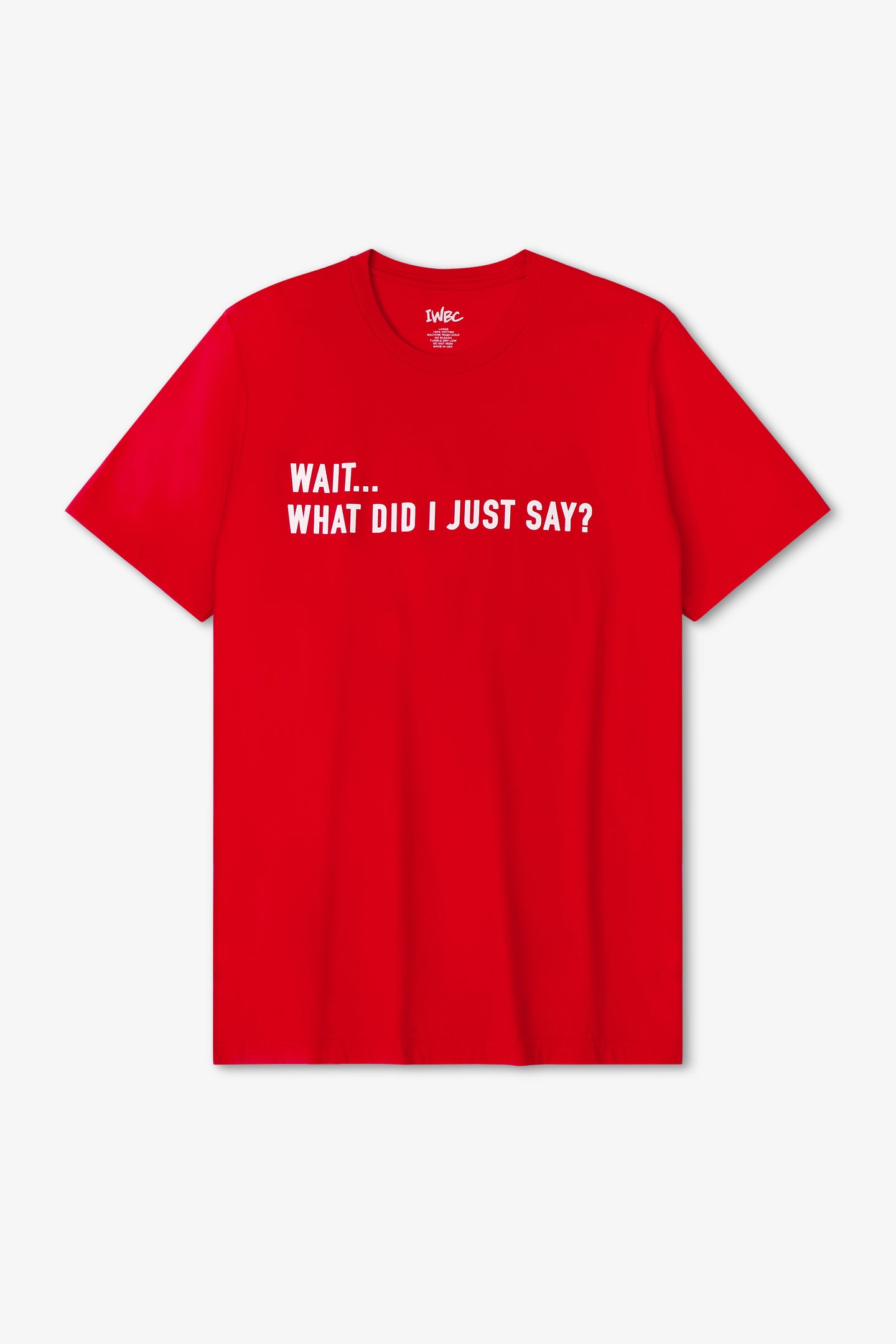 Red t-shirt with white text on a white background