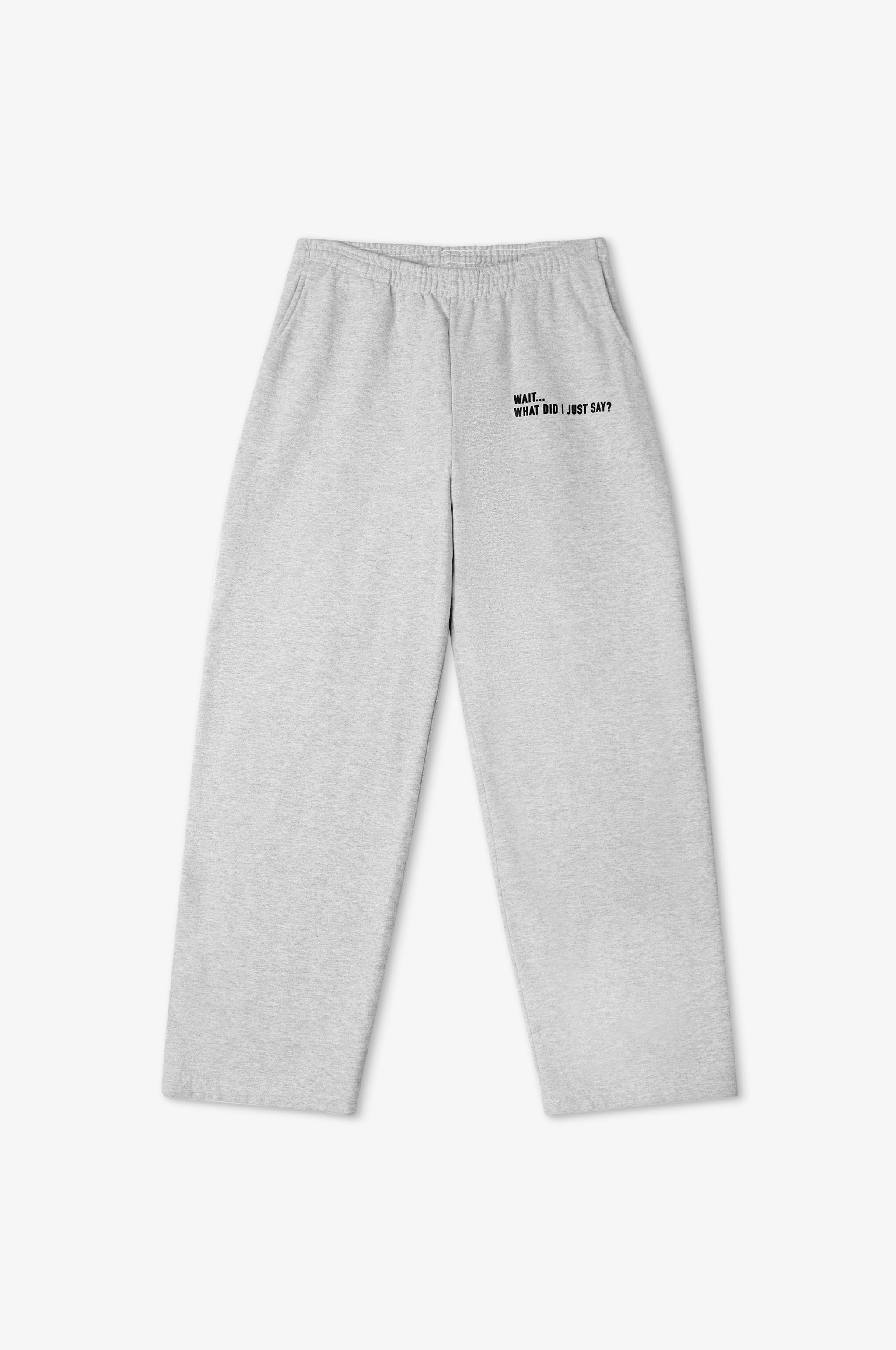 Gray sweatpants with text on a white background