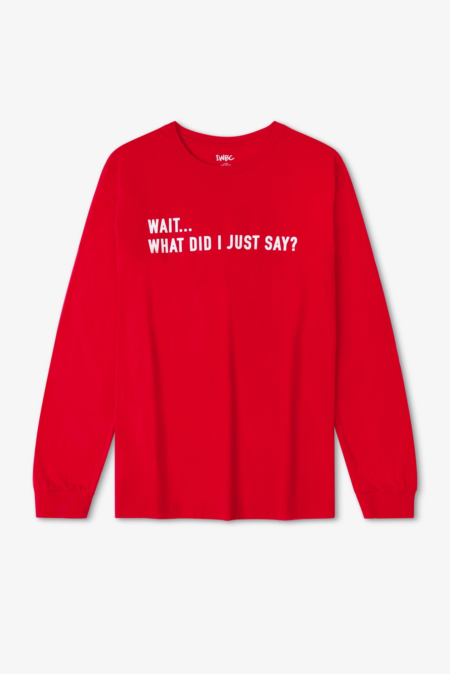 Red long-sleeve shirt with white text on a light gray background